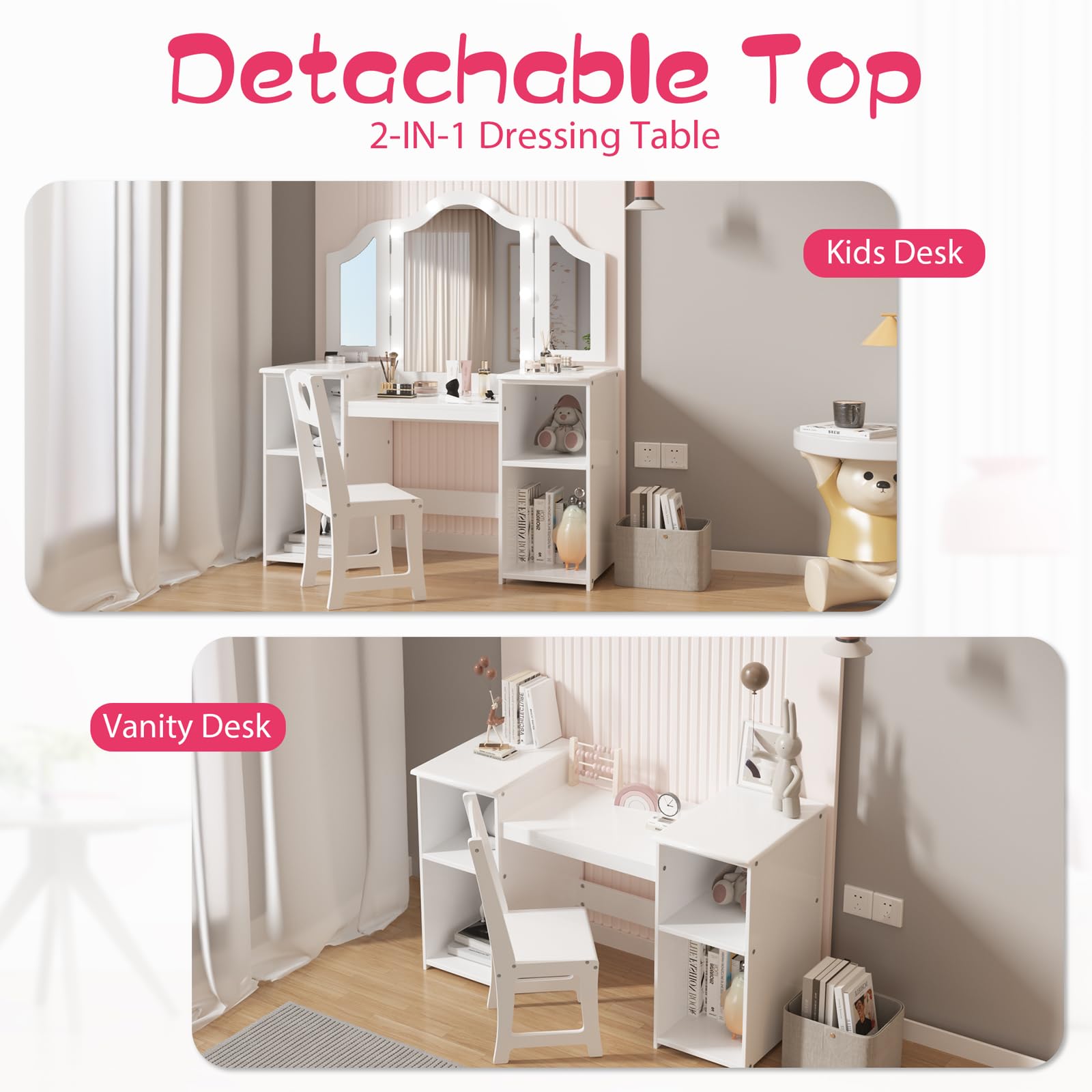Princess Makeup Vanity Set for Girls - Kids Wooden Vanity Table with Touch Light, Detachable Tri-Folding Mirror & Storage Shelves - Toddler Pretend Play Dressing Desk & Chair - Perfect for Bedroom Decor & Role Play Gifts