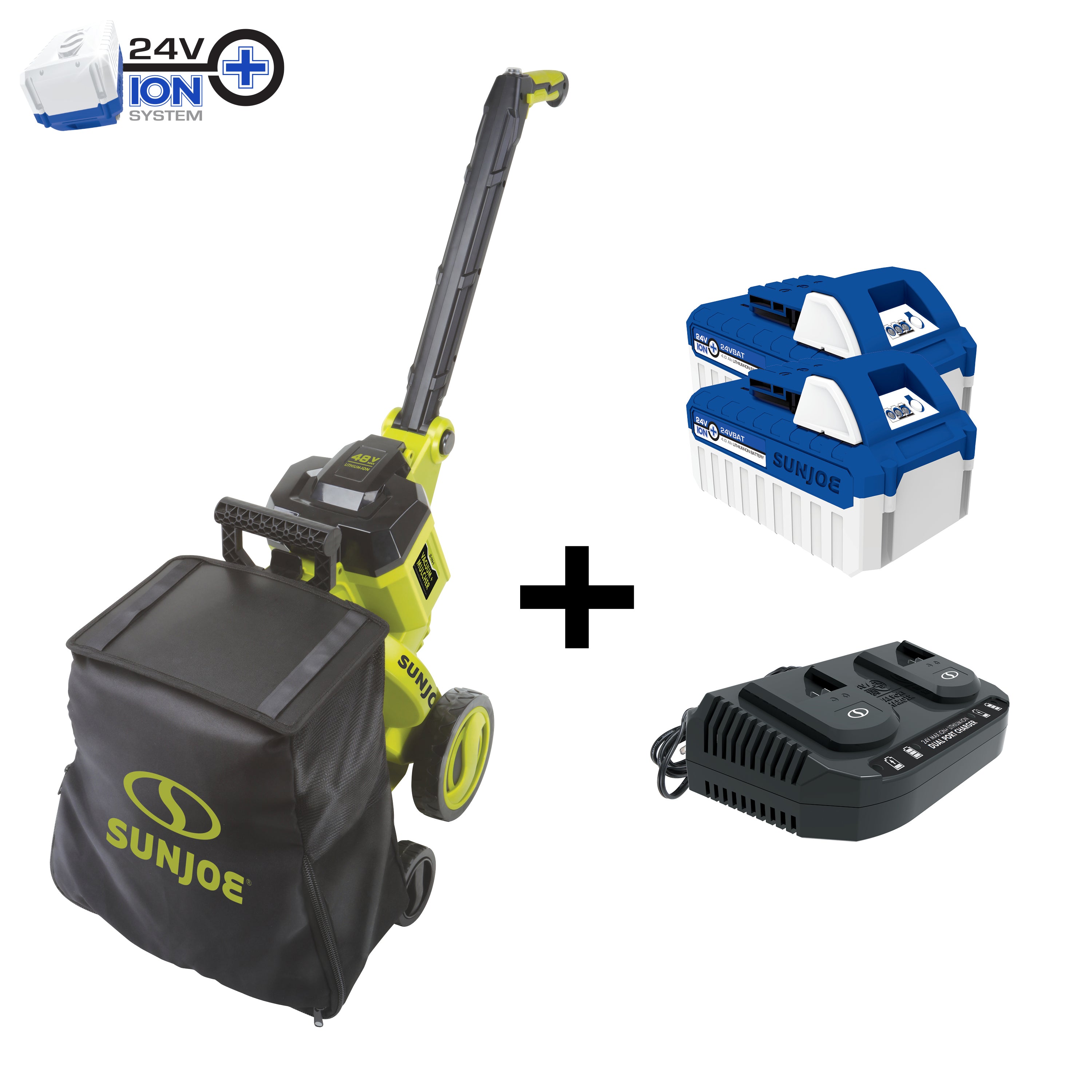 Sun Joe 24V X2 OGV 48 Volt Cordless Outdoor Garden Vacuum & Mulcher Kit - 850 CFM, 15:1 Mulch Ratio, 2 x 4.0Ah Batteries & Charger Included - Perfect for Leaf Cleanup, Yard Debris Removal & Lawn Maintenance