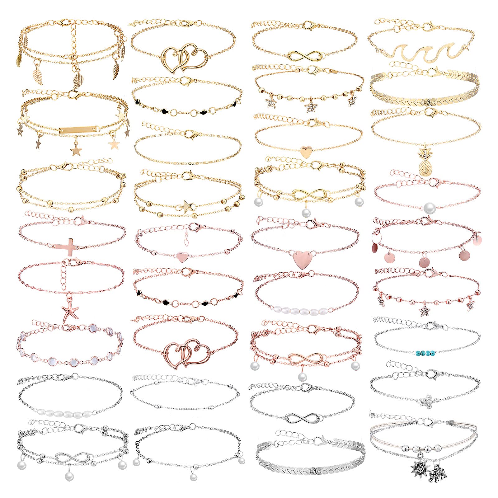 36Pcs Boho Ankle Bracelets for Women - Adjustable Beach Anklets Jewelry Set in Gold, Silver & Rose Gold | Foot & Hand Chains for Summer Festival, Vacation & Boho Style Outfits