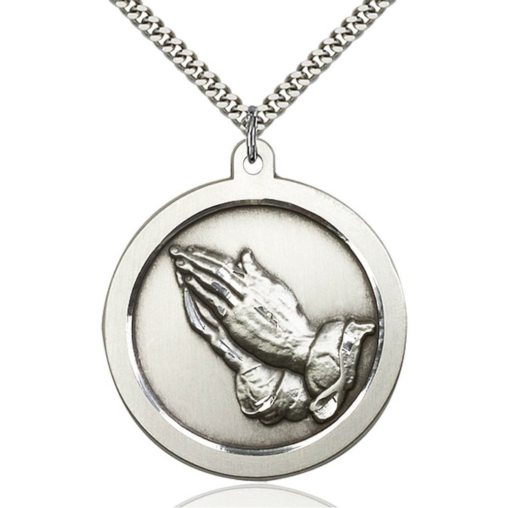 Sterling Silver Men's Praying Hand Pendant Necklace with 24 Inch Heavy Curb Chain - Religious Jewelry Gift Set in Deluxe Box for Baptism, Confirmation & Spiritual Occasions