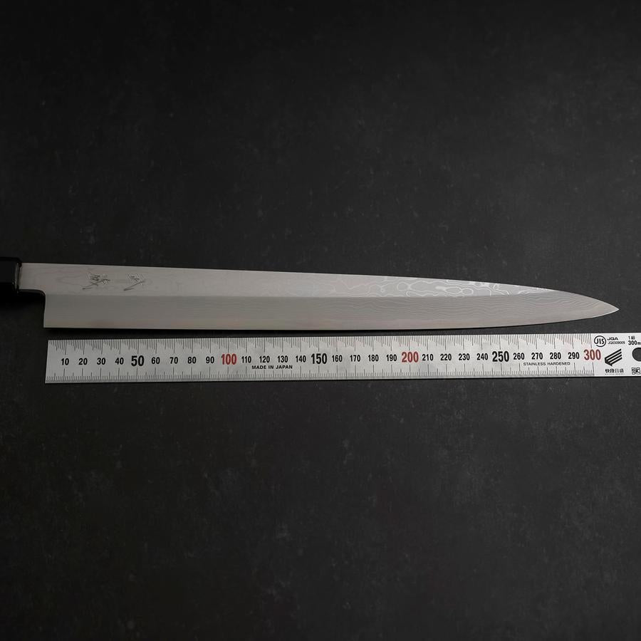 Premium Yanagiba Sushi Knife - Blue Steel #1 Suminagashi Blade with Buffalo Ebony Handle & Sheath (330mm) - Perfect for Sushi Chefs & Japanese Cuisine Lovers