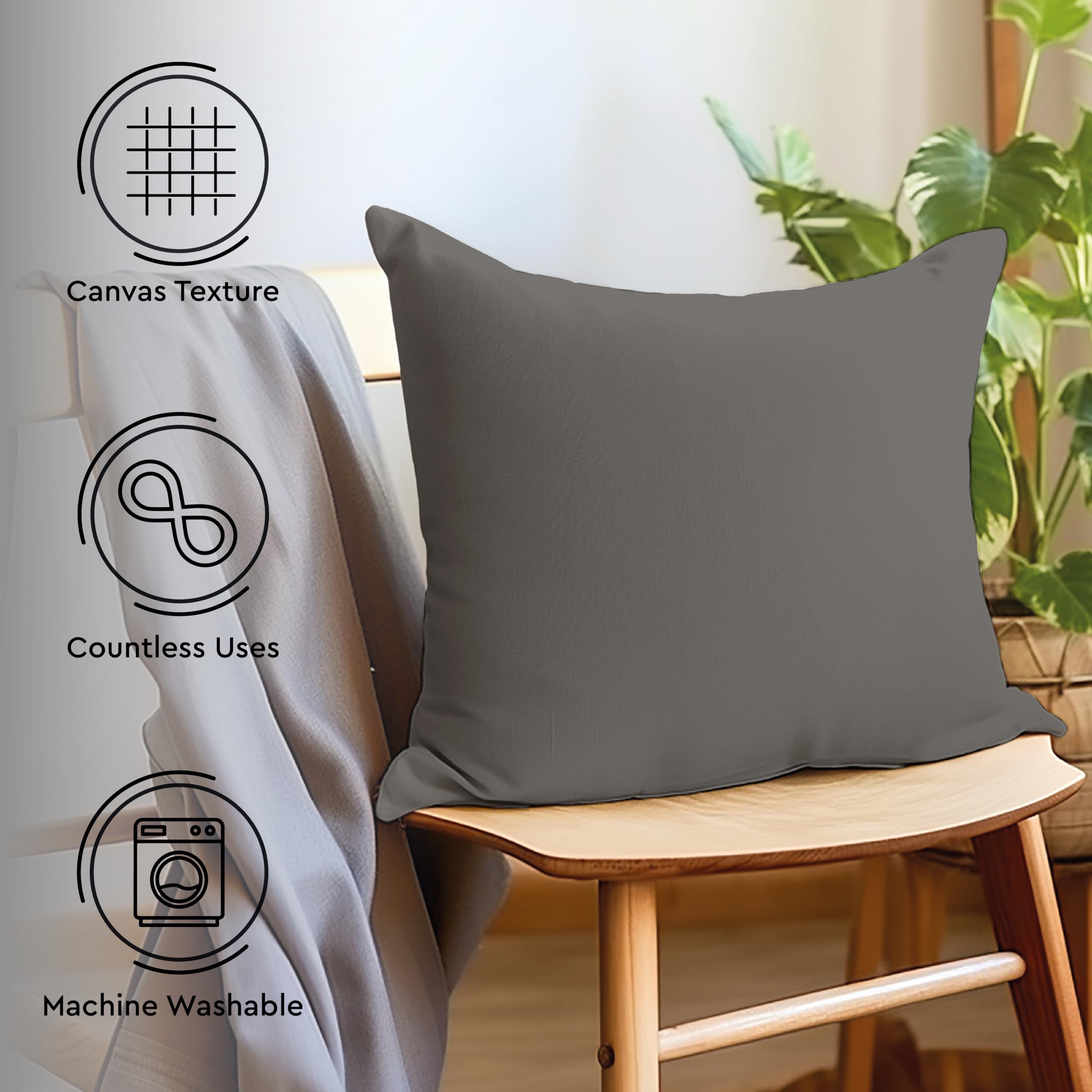Encasa XO 12x12 Inch Grey Cotton Throw Pillow Covers Set of 2 - Decorative Cushion Covers with Improved Zippers for Living Room, Bed, Sofa & Couch | No Inserts Included | Perfect for Home Decor, Cozy Reading Nook & Accent Pillows
