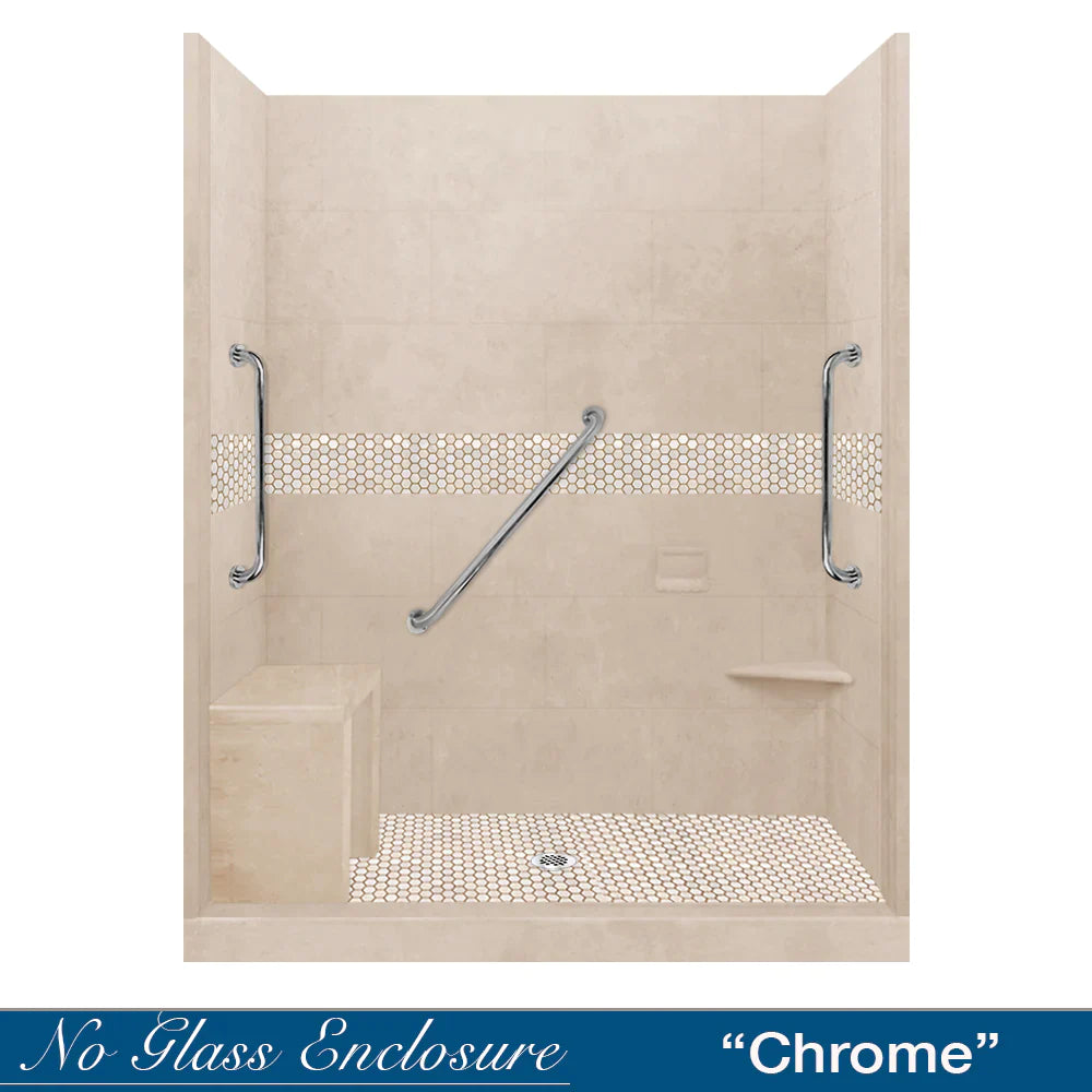 60 Alcove Desert Sand Sistine Stone & Honey Hex Mosaic Tile Accent - DIY Shower Remodel Kit with Free Shampoo Niche | Bathroom Wall & Floor Tile for Shower Backsplash, Bathroom Renovation, and Home Decor