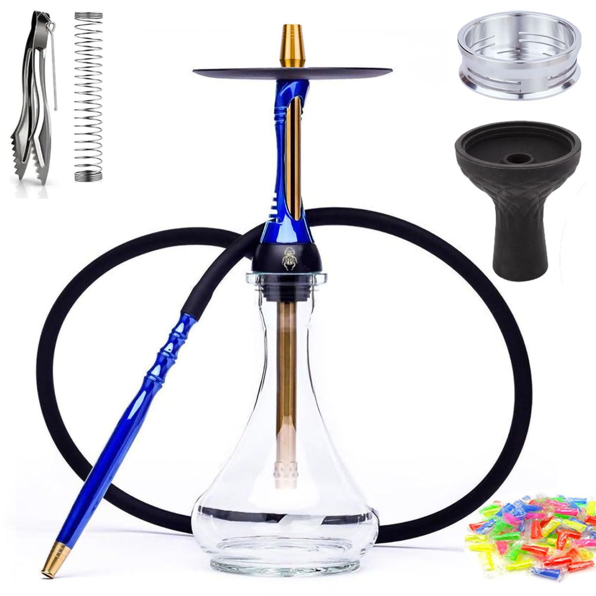 Premium Stainless Steel Hookah Set with Glass Vase, Silicone Bowl & Hose - Complete Shisha Kit with Tongs & Accessories (White) for Home Parties, Lounges & Relaxation