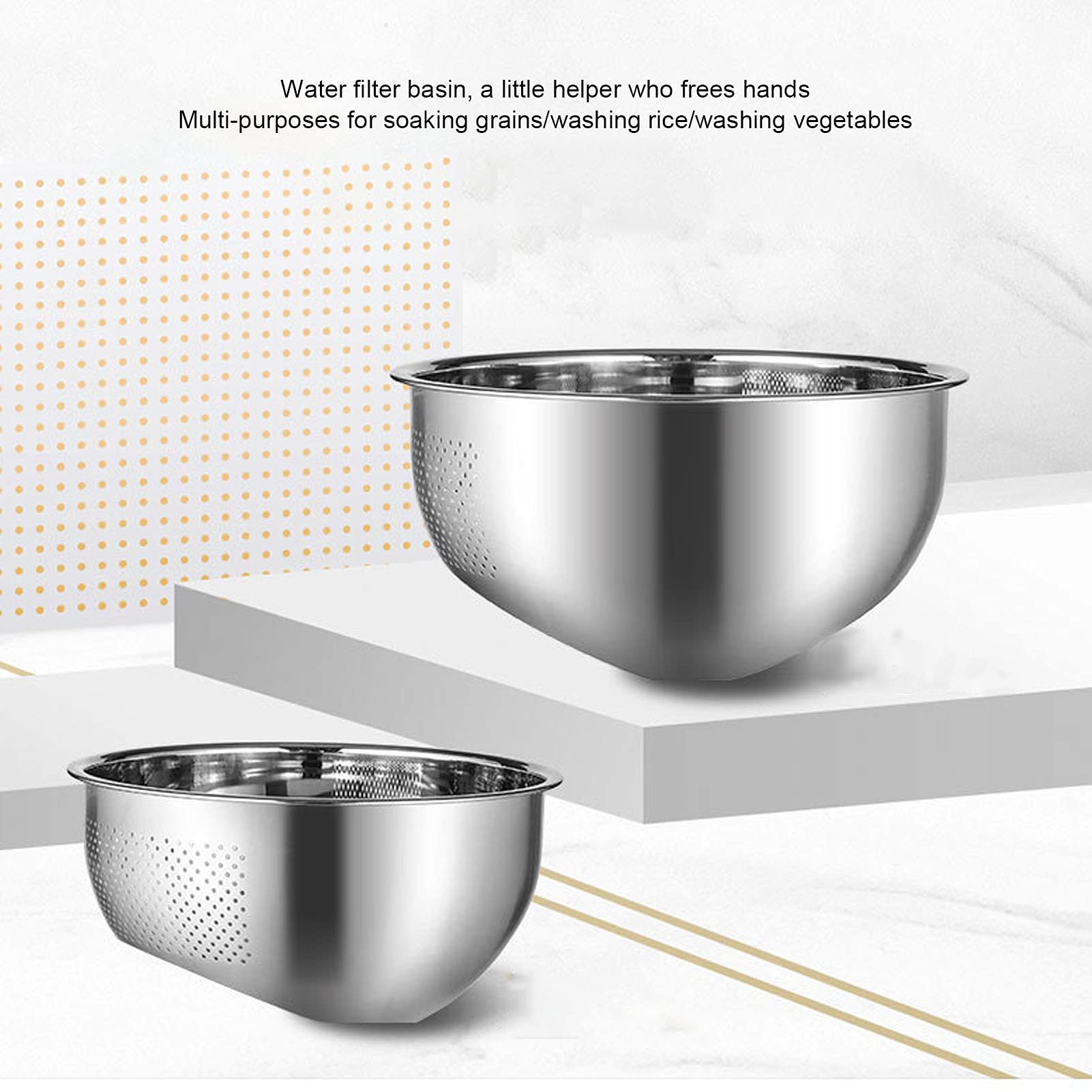Premium Stainless Steel Rice Washing Bowl - 2-in-1 Multifunctional Colander & Kitchen Strainer with Side Drain Holes for Washing Rice, Vegetables, Fruits, Beans & Pasta - Ideal for Kitchen Prep, Salad Making & Healthy Cooking (Small Size)