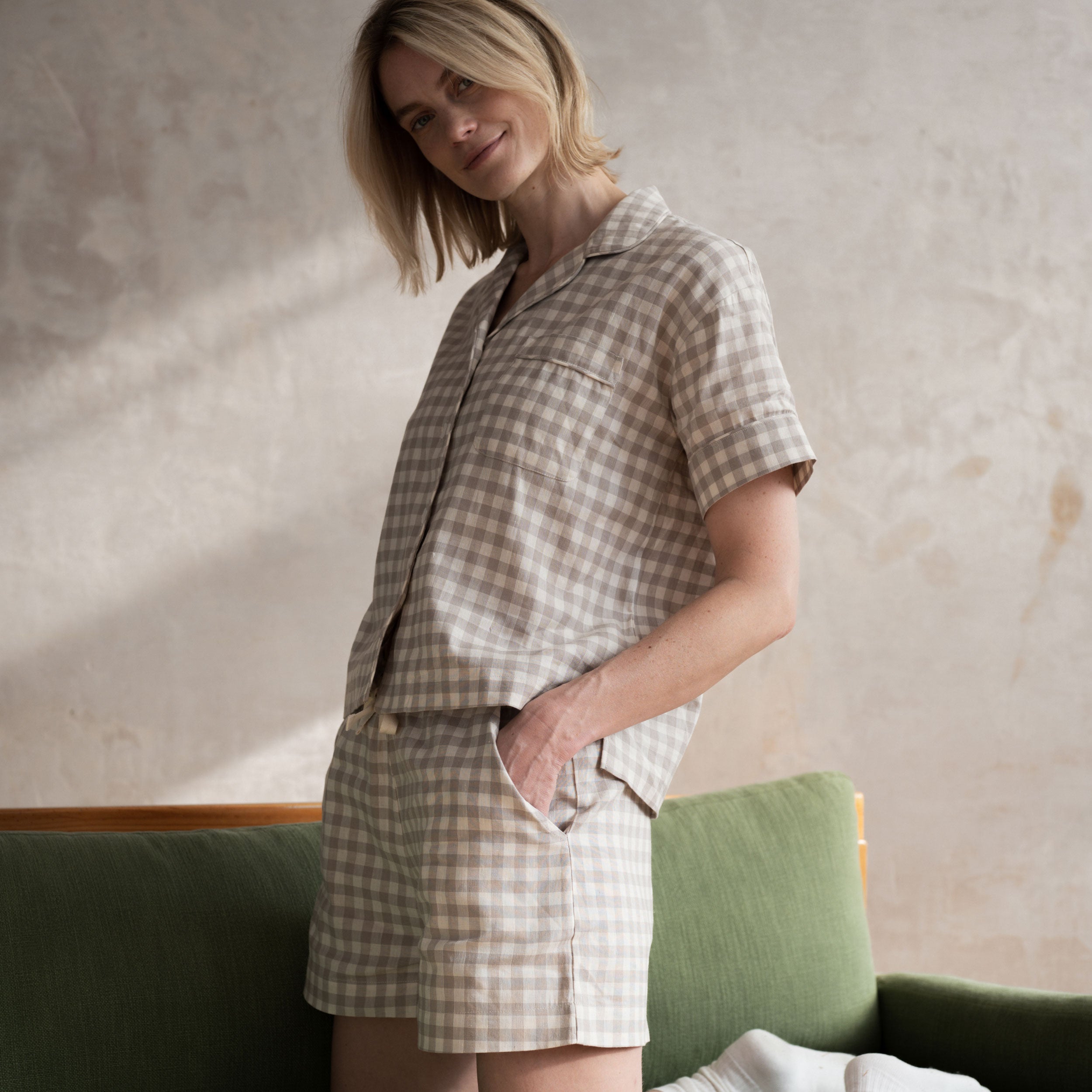 Stylish Mushroom Print Gingham Linen Blend Pajama Short Set - Soft & Breathable Sleepwear for Women, Perfect for Summer Nights & Lounge Wear