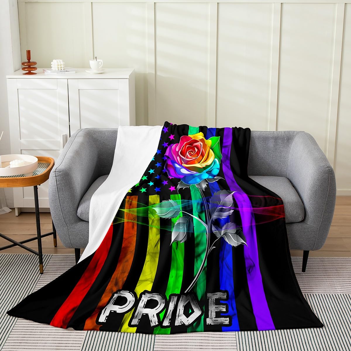 Erosebridal Pride American Flag Throw Blanket 30x40 Inch - Rainbow Stripes Fleece Blanket for Women & LGBT Gifts - All Season Soft Plush Blanket with Watercolor Neon Rose Flowers - Perfect for Couches, Beds, Outdoor Picnics & Pride Celebrations
