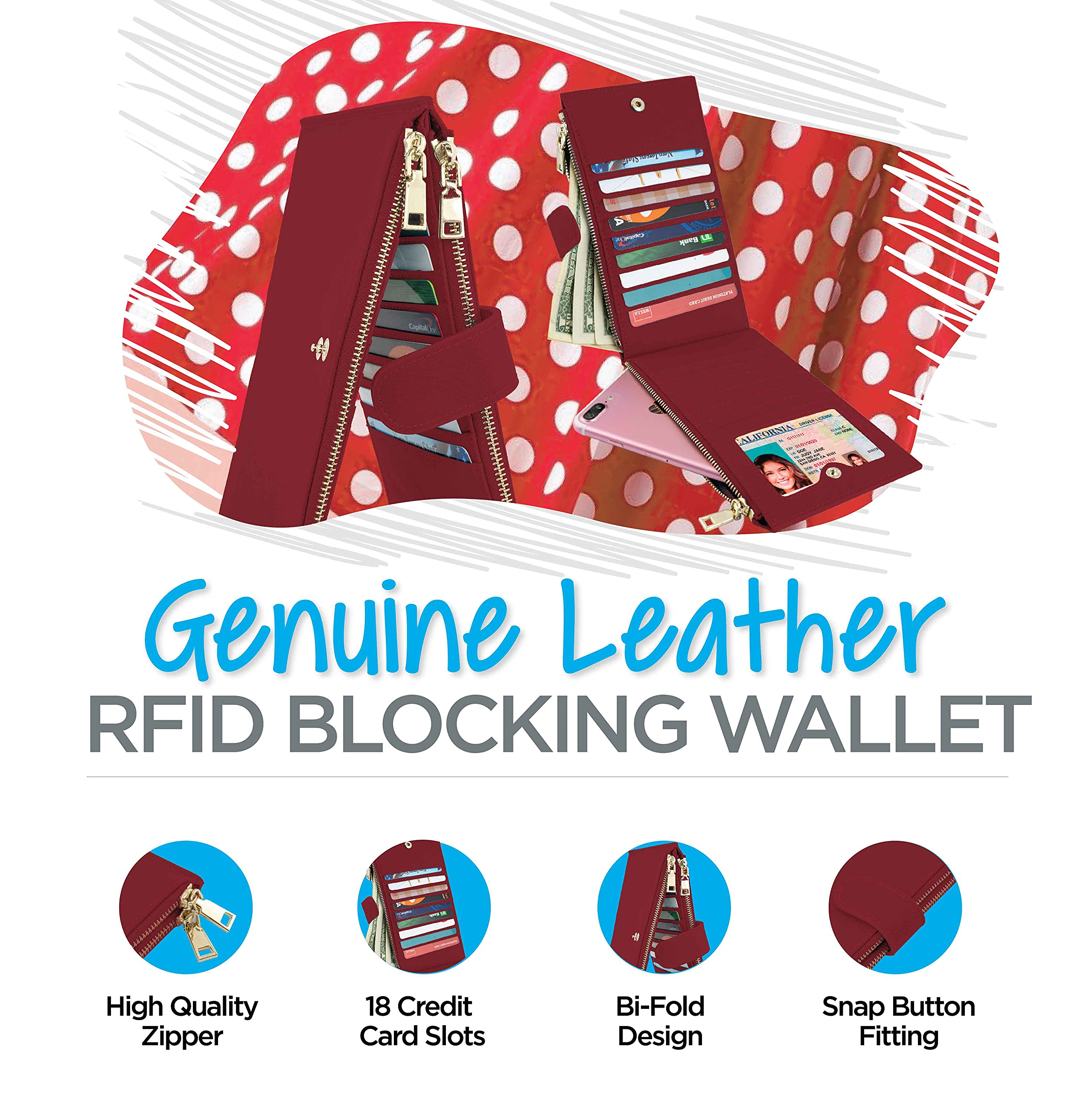 RFID Blocking Wallet for Women - Genuine Leather Bifold Wallet with Zipper Pocket, Credit Card Holder - Stylish & Secure for Travel, Shopping & Daily Use (Red)