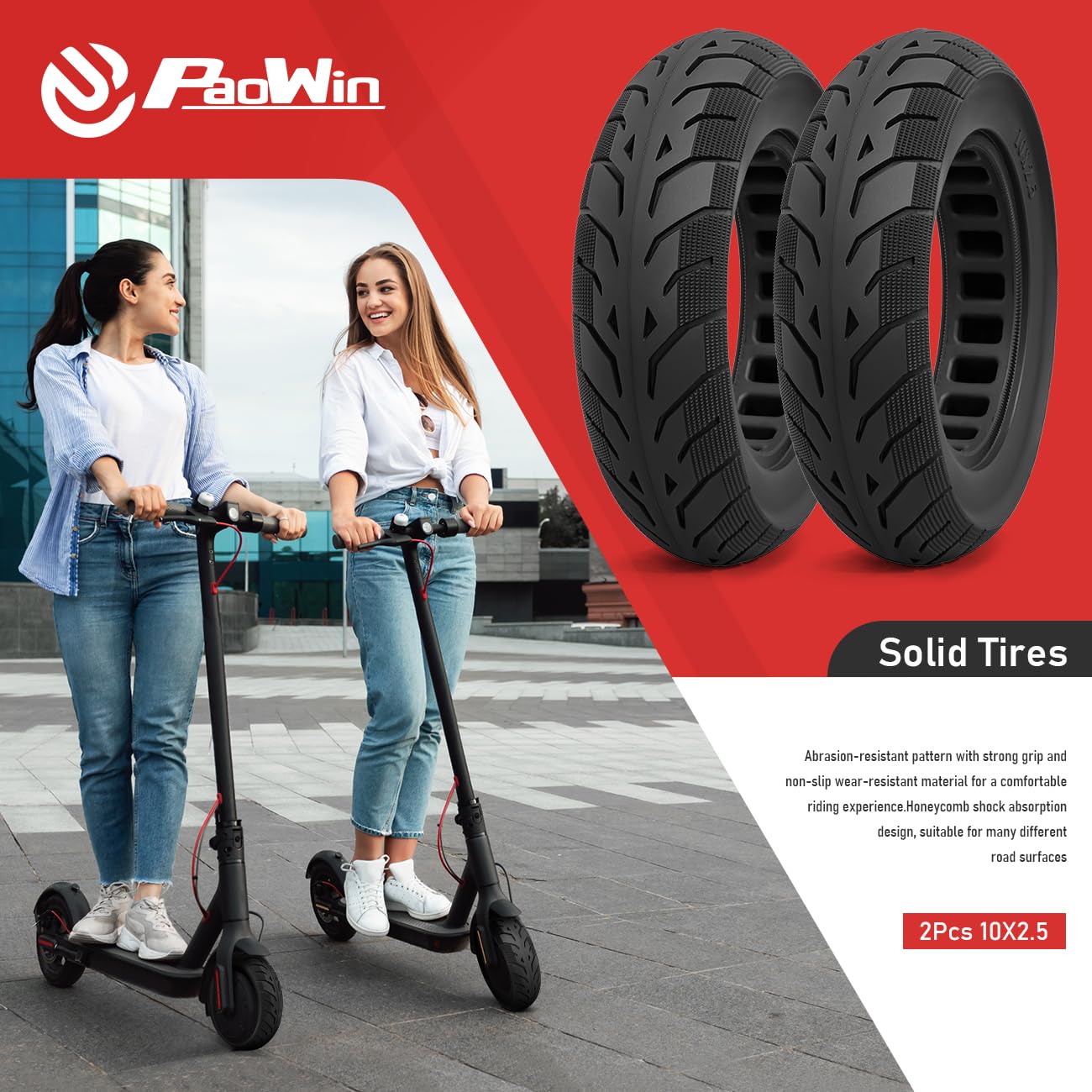 2Pcs 10x2.5 Inch Solid Rubber Tires for Electric Scooter - Replacement Wheels Compatible with Ninebot/Segway Max G30, Hiboy S2 Pro - Durable No-Flat Tires for Commuting & Urban Riding (P-T010)