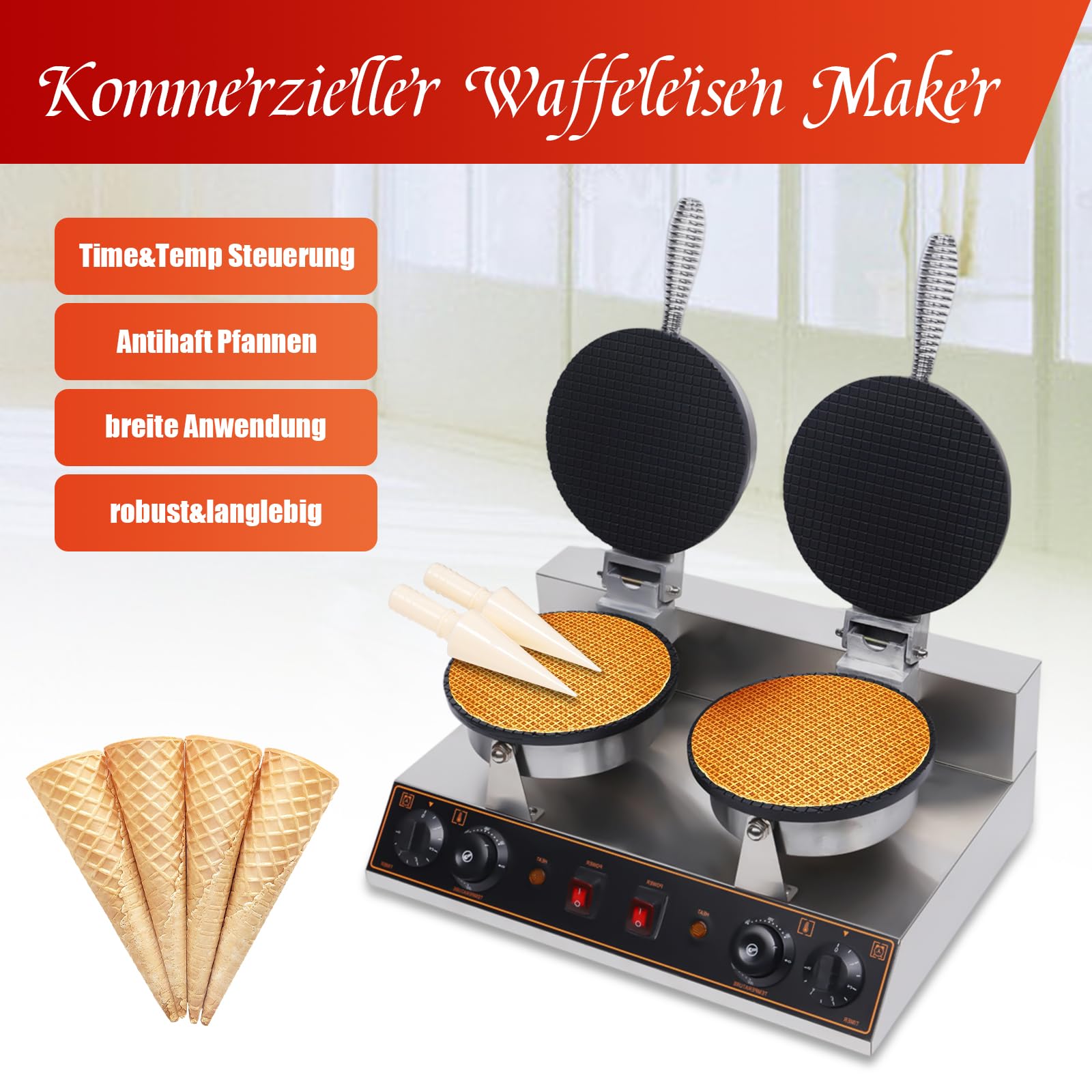 BICKKOMG 110V Commercial Electric Waffle Cone Maker - Stainless Steel Non-Stick Double Head Ice Cream Cone Machine with Egg Roll Mold for Restaurants, Bakeries & Home Use - Perfect for Making Crispy Waffle Cones, Ice Cream Bowls and Sweet Treats