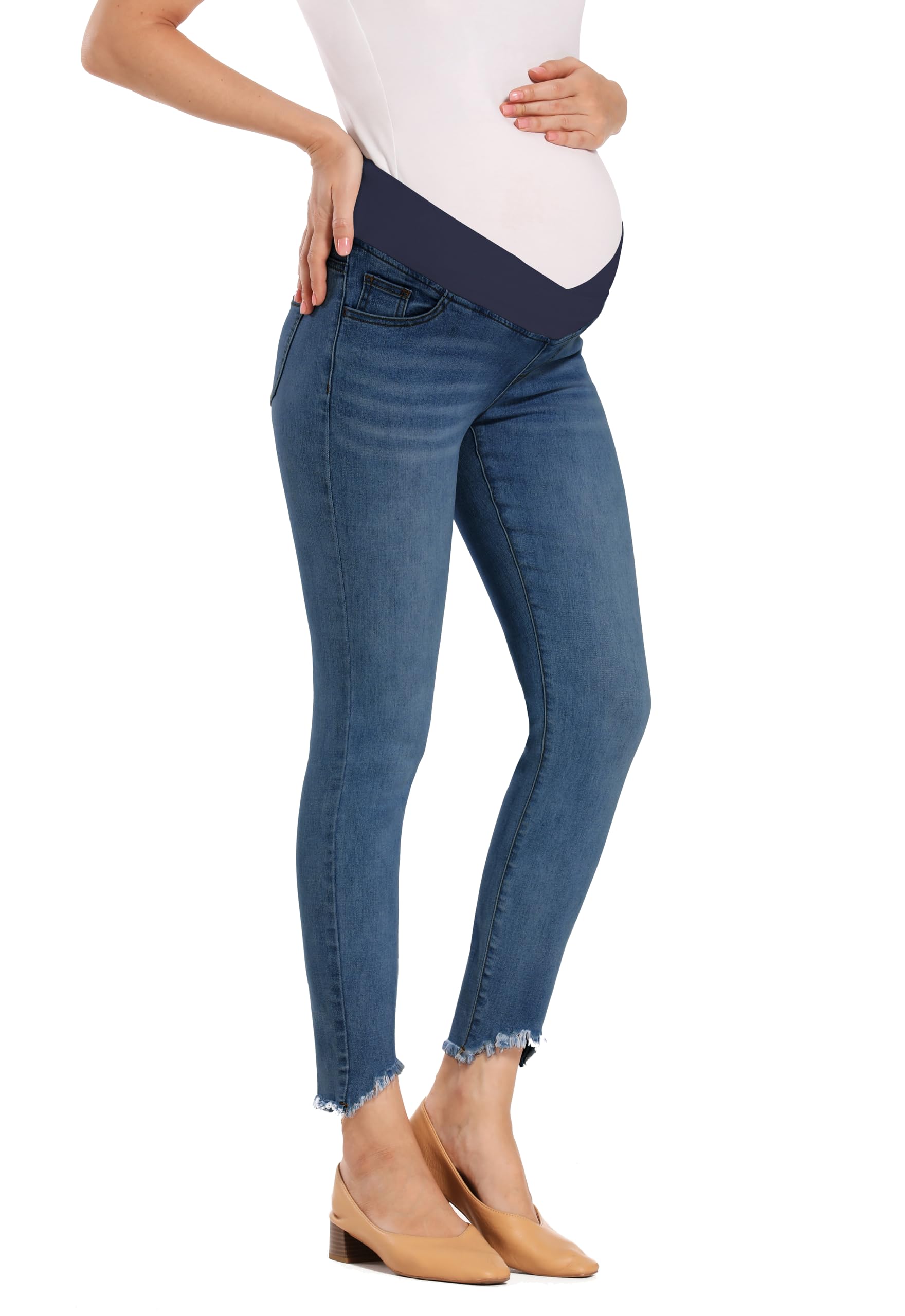 Foucome Women's Maternity Jeans - Under Belly Skinny Jeggings with Stretch, Comfortable Distressed Denim Pants for Pregnancy | Perfect for Work, Casual Outings & Everyday Wear