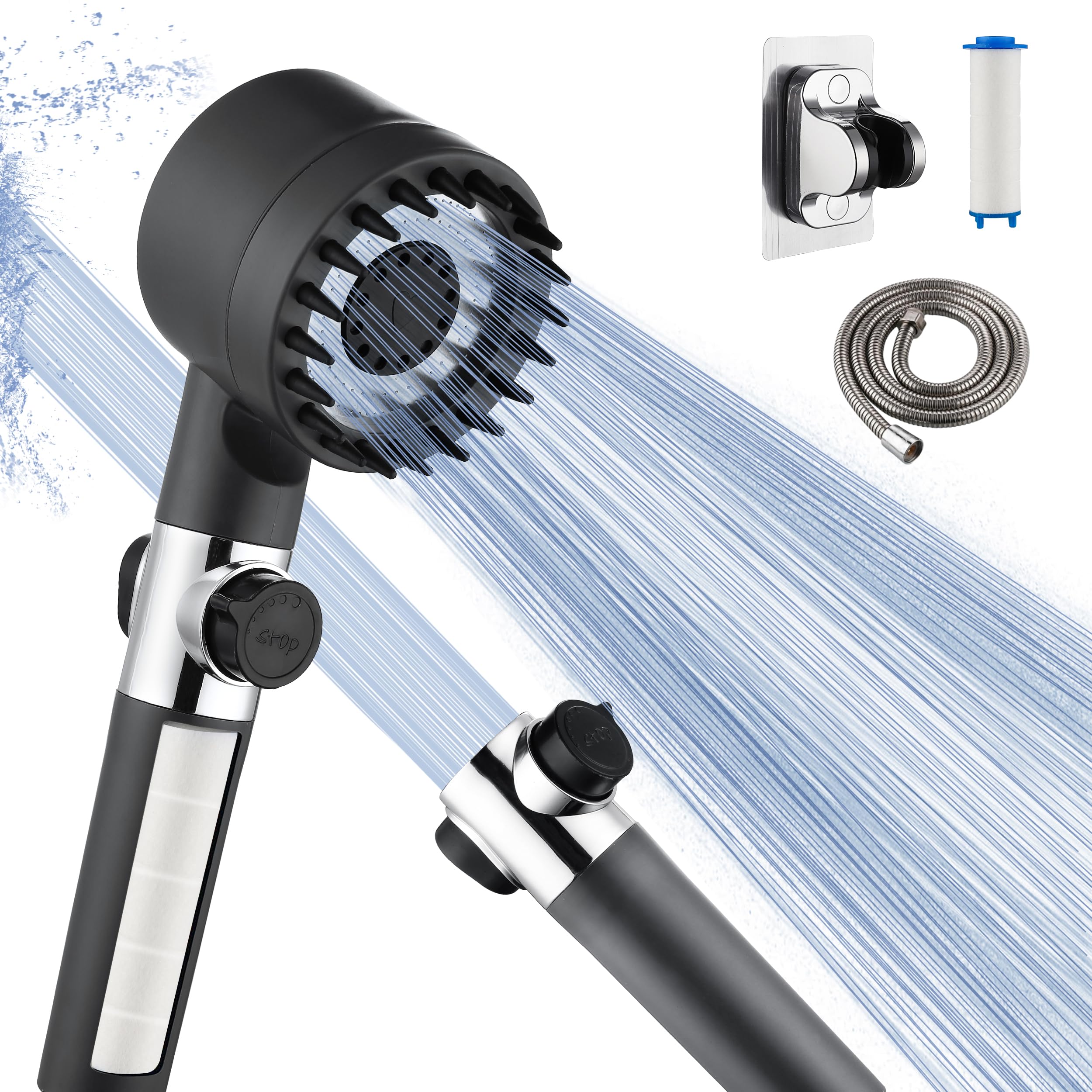 High Pressure Shower Head with Water Filter for Hard Water - Handheld Detachable Showerhead with On/Off Switch & Hose - Perfect for RV, Camper, Bathroom, and Home Use (Grey)