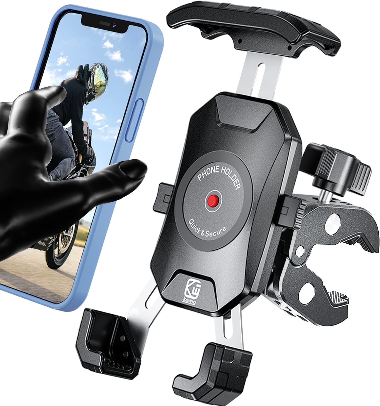 Kewig Universal Motorcycle Phone Mount - Quick Release Handlebar Clamp for iPhone 14 Plus/Pro Max, Galaxy S10 & 4.0-7.0