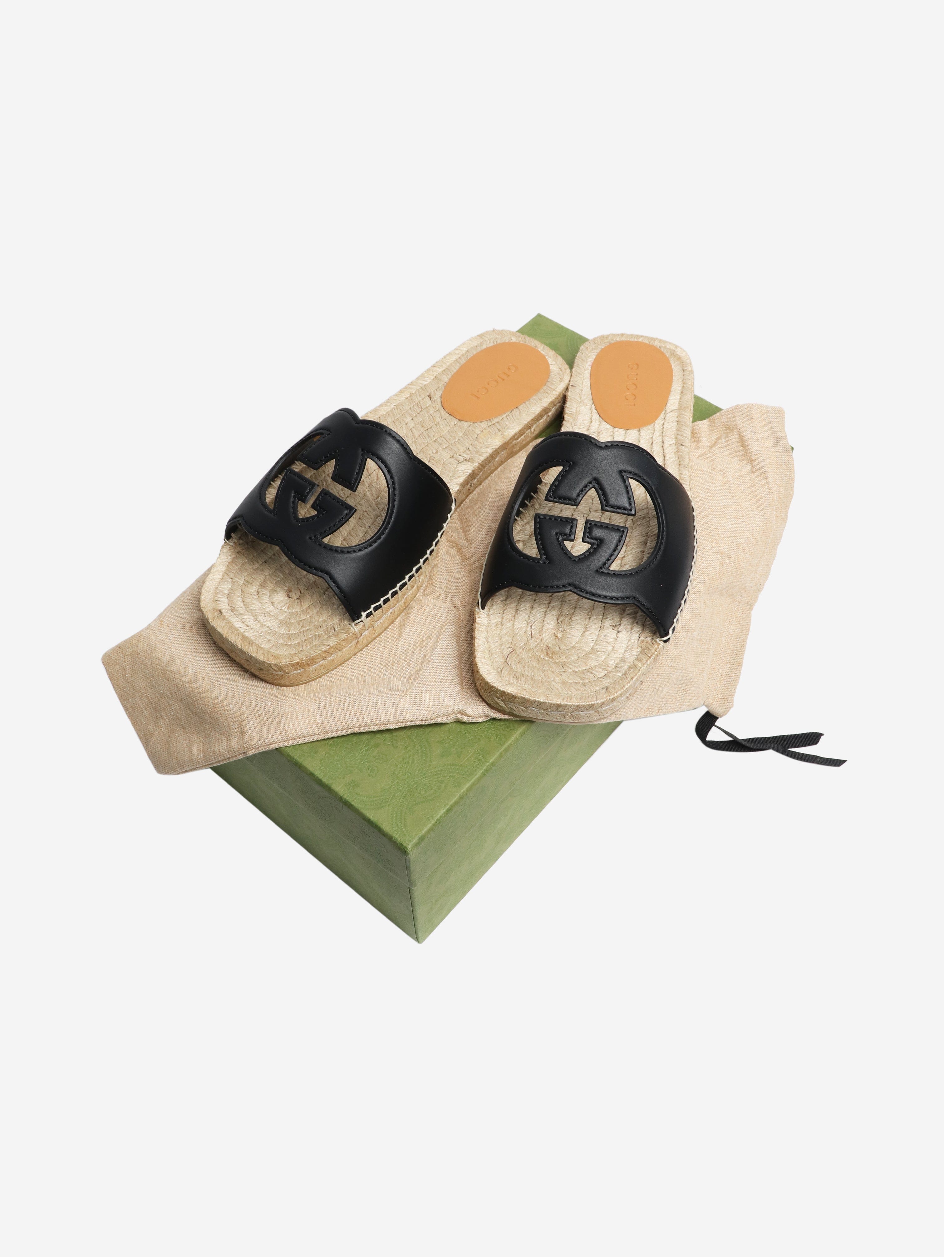 Black Interlocking G Cut Out Espadrille Sandals - Size EU 45.5 (US Men's 12) - Comfortable Summer Beach Shoes for Women & Men