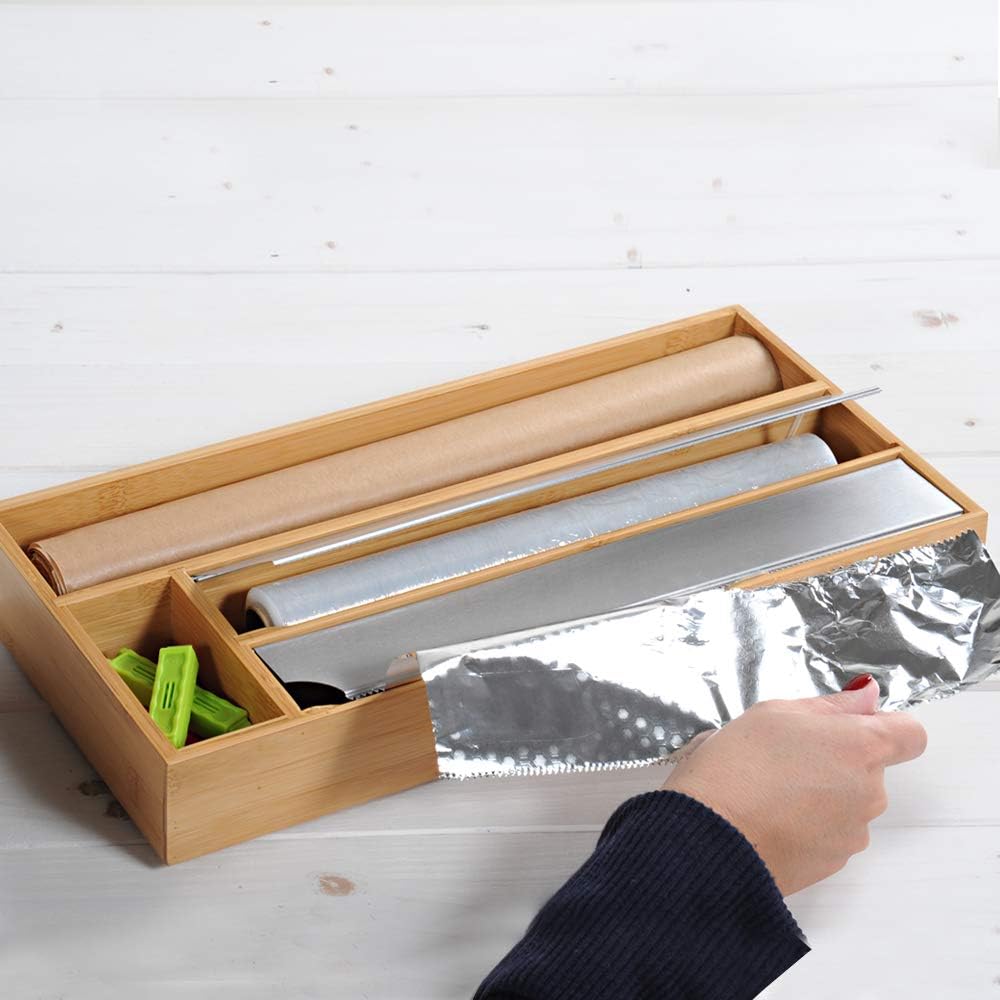 4-Compartment Bamboo Drawer Foil Dispenser - Organize Kitchen Wrap, Parchment Paper & Plastic Bags - Perfect for Pantry, Cabinet & Countertop Storage