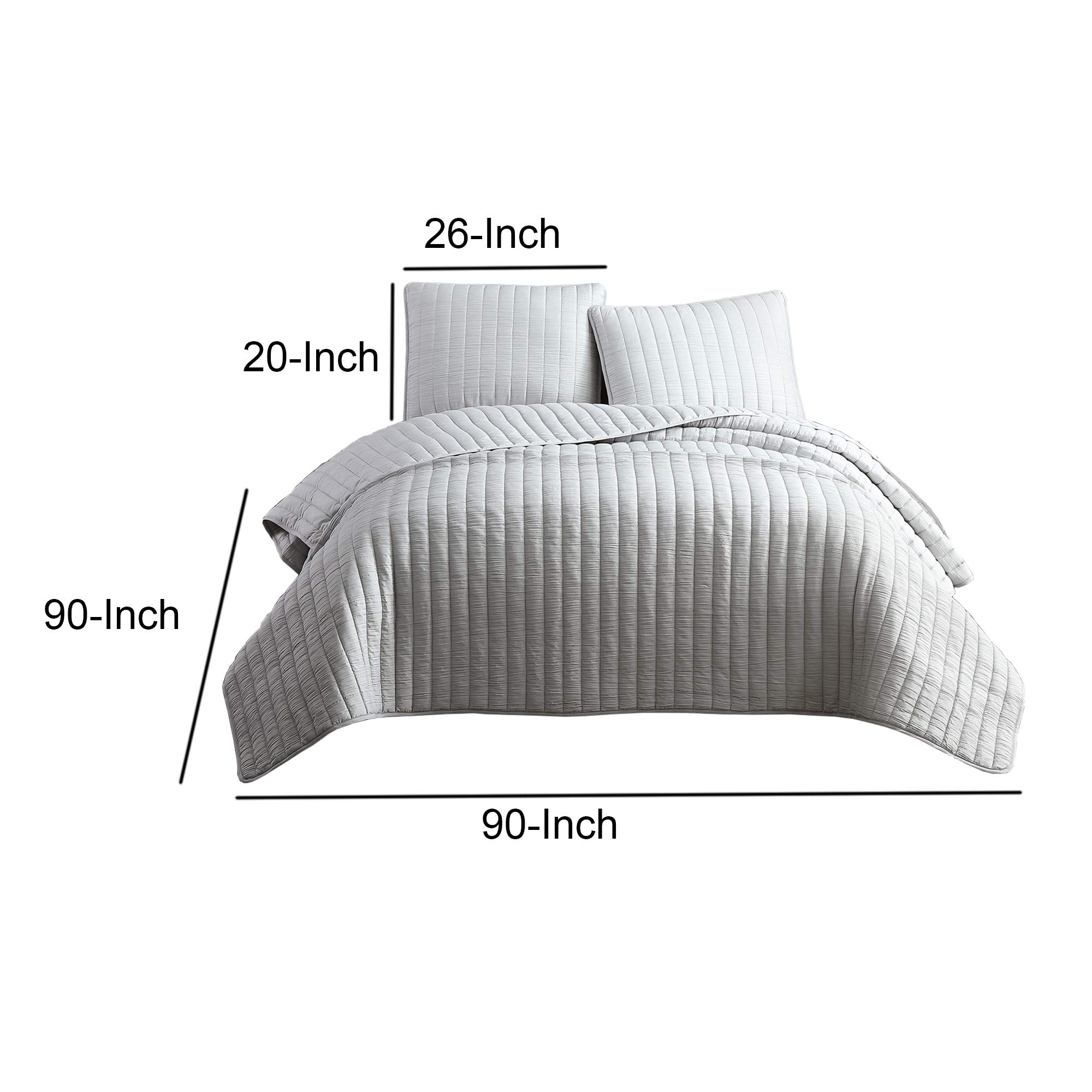 Benjara 3-Piece Queen Size Crinkle Coverlet Bedding Set with Vertical Stitching in Gray - Luxury Bedspread for Master Bedroom, Guest Room & Hotel Decor