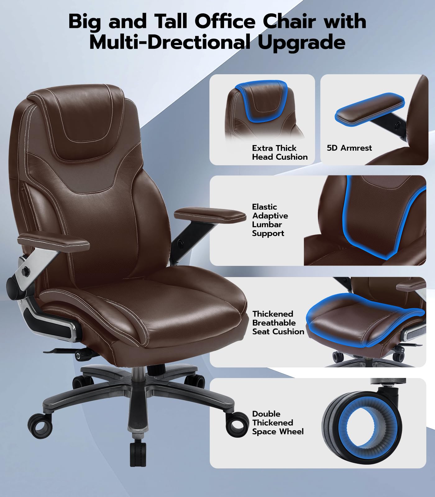 Big and Tall Office Chair with 5D Adjustable Arms - 600lbs Heavy Duty Ergonomic Executive Chair with Adjustable Lumbar Support - Fabric & PU Leather Managerial Chair (Maple Brown) - Perfect for Home Office, Gaming, and Professional Workspaces