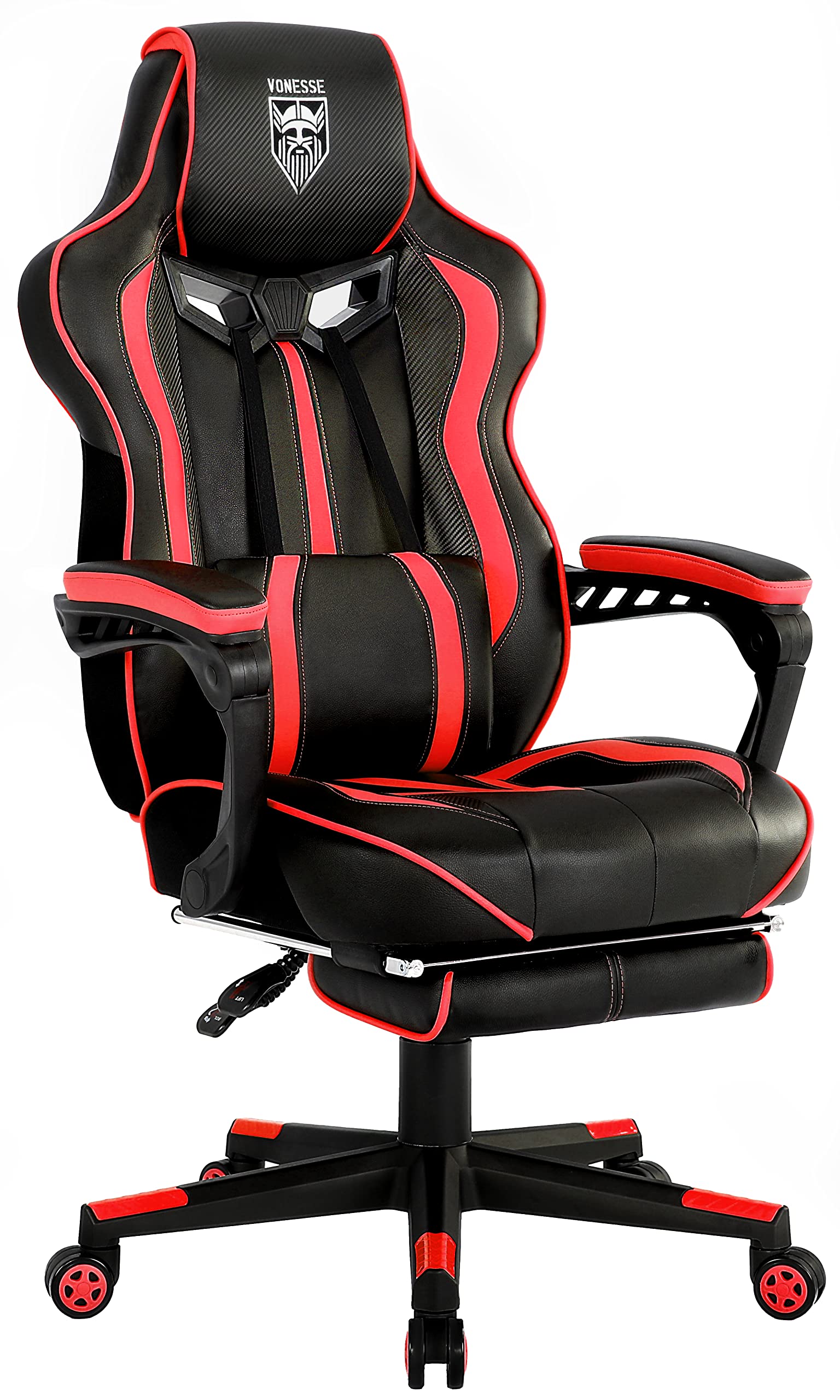 Vonesse Ergonomic Reclining Gaming Chair with Footrest & Massage - Big and Tall Computer Desk Chair for Adults - Red Racing Gamer Chair for Home Office & Esports Gaming Setup