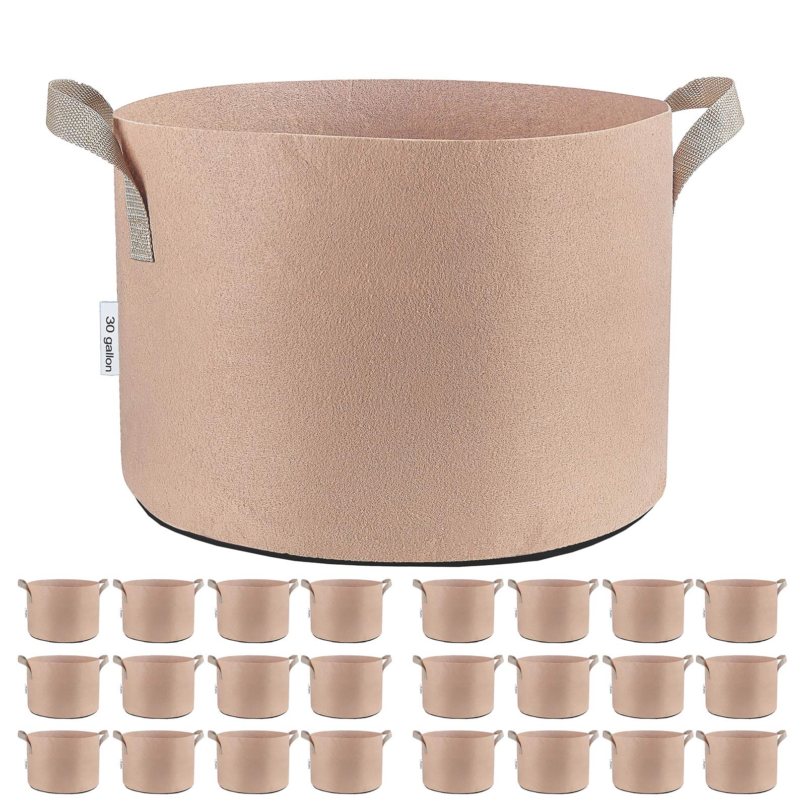 24-Pack 30 Gallon Tan Fabric Grow Bags - Breathable Aeration Pots for Plants, Vegetables, Trees - Ideal for Nursery, Garden & Container Planting - Perfect for Indoor & Outdoor Gardening