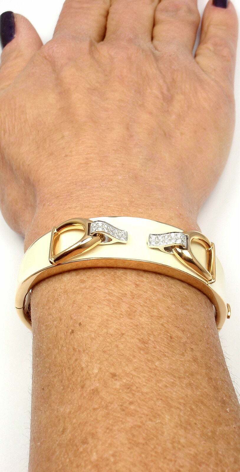 Authentic Roberto Coin Cheval Stirrup 18k Gold Diamond Enamel Bangle Bracelet for Women - Luxury Italian Jewelry Gift for Anniversary, Birthday & Special Occasions