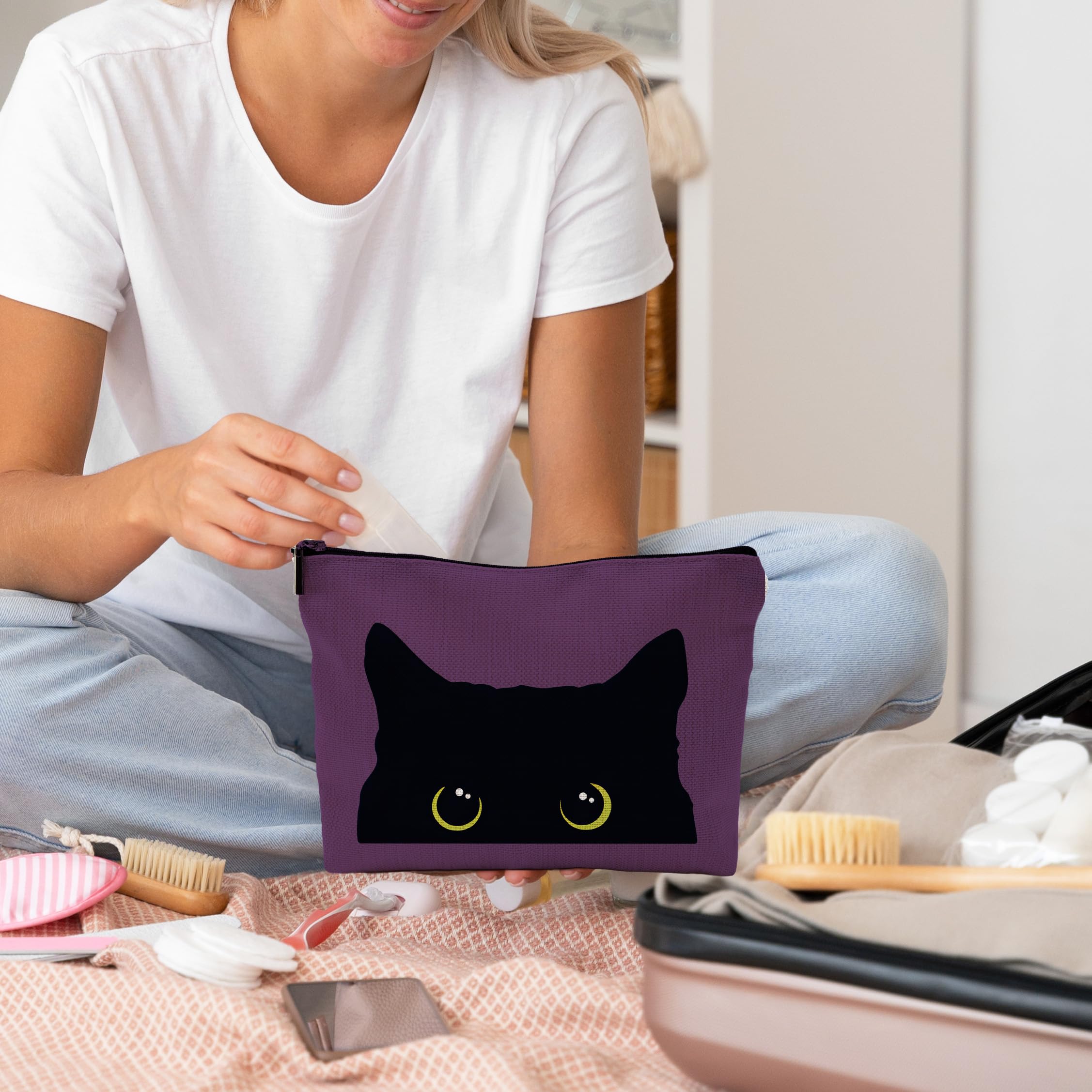 Black Cat Makeup Bag for Women - Cute Kitty Cosmetic Purse for Cat Lovers | Travel & Daily Use