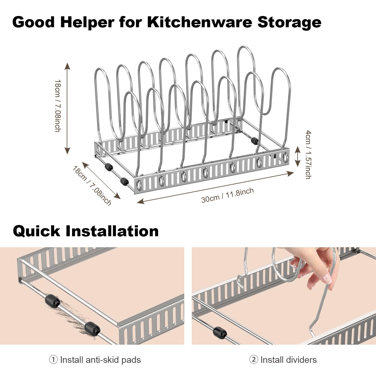 Stainless Steel Pot and Pan Organizer Rack for Kitchen Cabinet - 7 Adjustable Dividers for Pots, Pans & Lids Storage - Space Saving Cabinet Organizer for Cookware (Silver) | Perfect for Small Kitchens, RV Cooking & Organized Pantries
