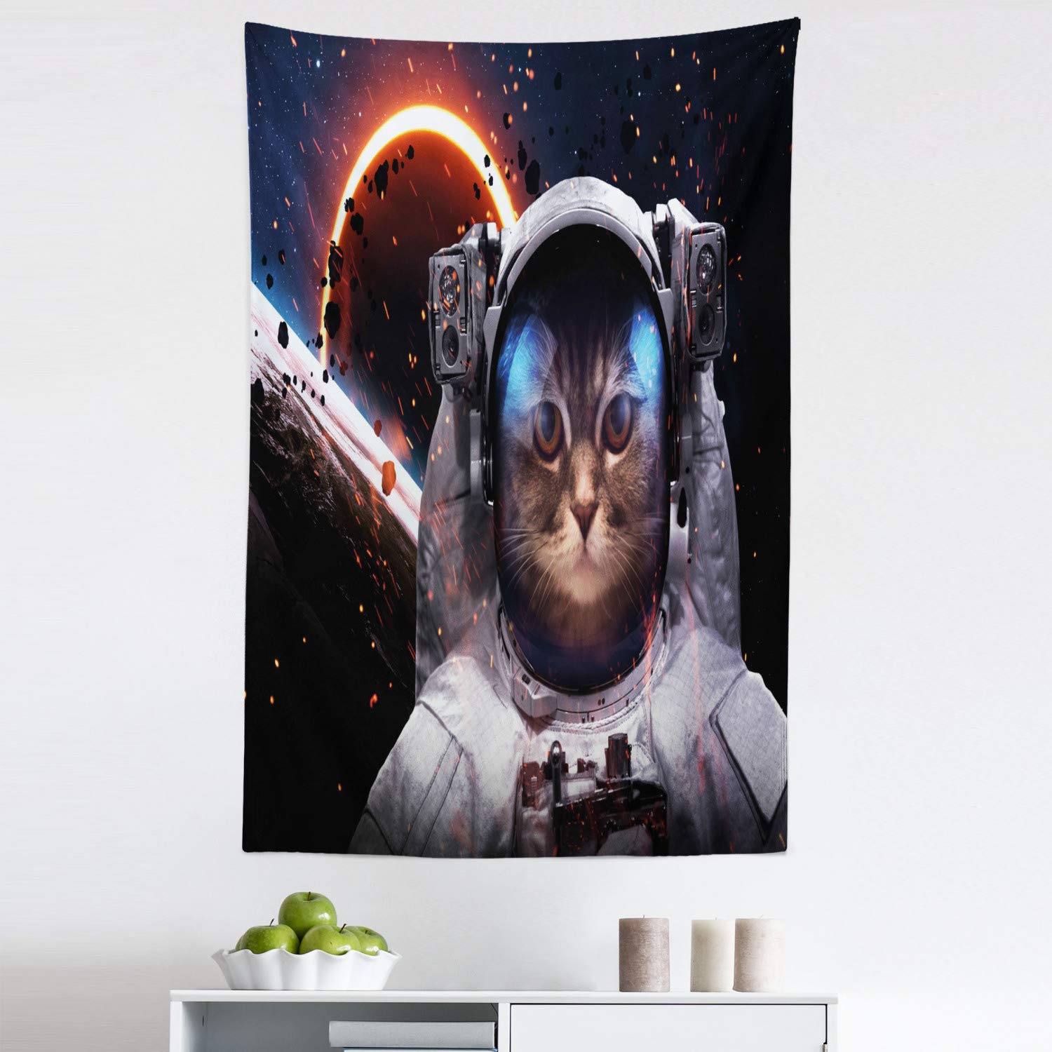 Ambesonne Space Cat Tapestry - Astronaut Cat in Galaxy Print Fabric Wall Hanging Decor for Bedroom, Living Room, Dorm - 30x45 Inches Dark Blue & White - Perfect for Space Theme Room Decor & Gift for Astronomy Lovers
