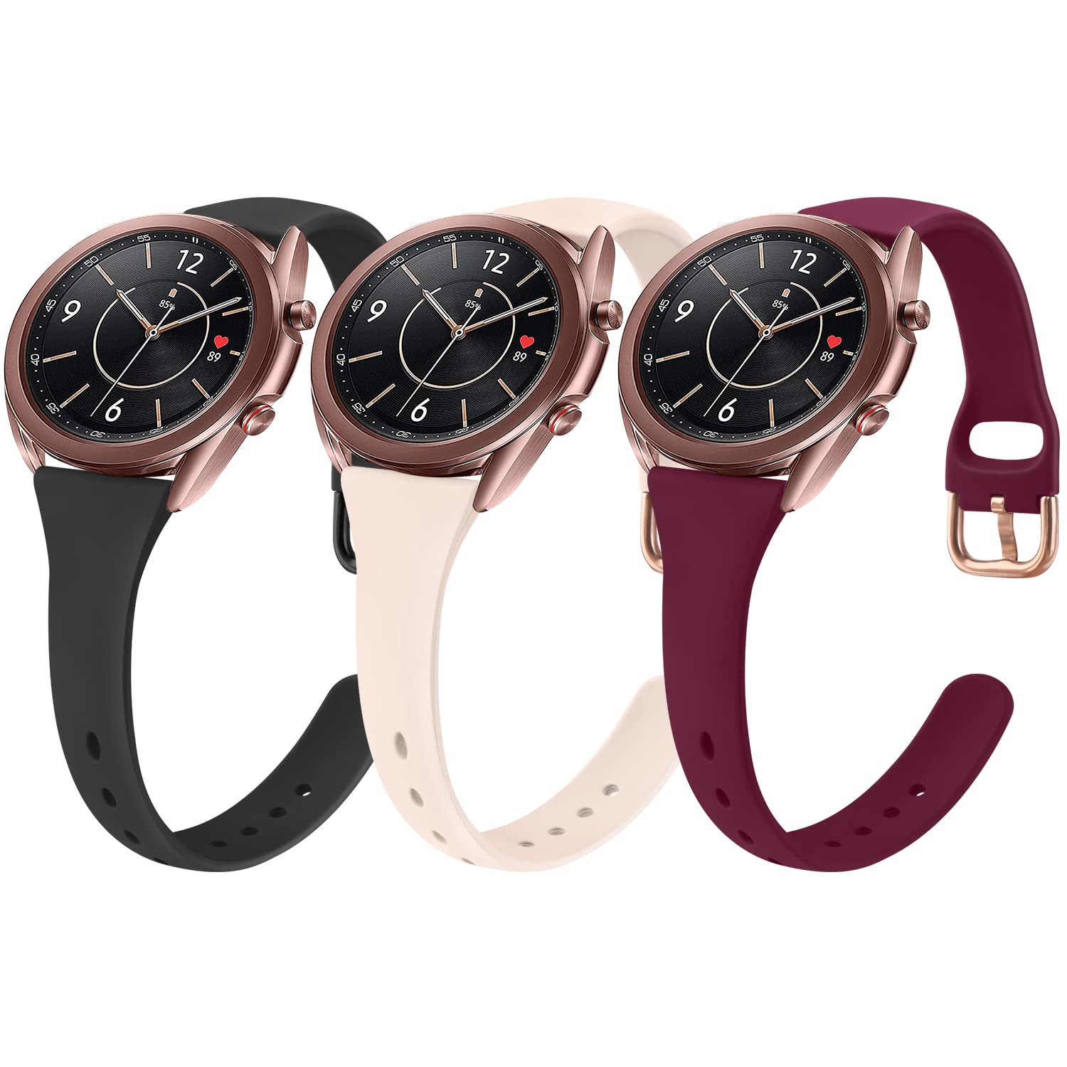3 Pack 20mm Slim Soft Silicone Replacement Bands for Samsung Galaxy Watch 3 (41mm) - Sport Wrist Strap for Women & Men - Perfect for Workouts, Running & Everyday Wear