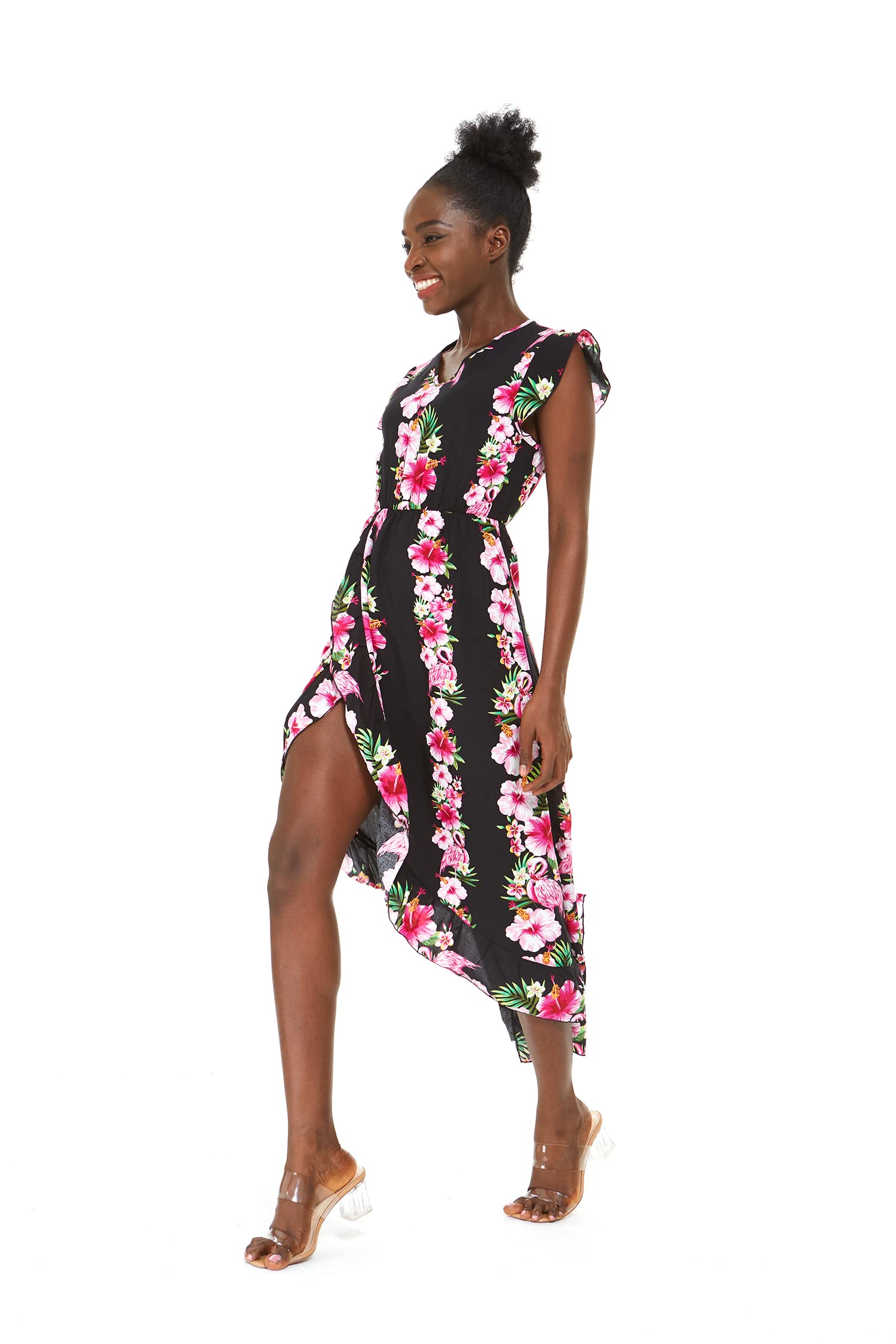 Hawaiian Luau Wrap Ruffle Dress for Women - Floral Hibiscus Vine Print - Perfect for Beach Parties, Summer Vacations & Tropical Getaways