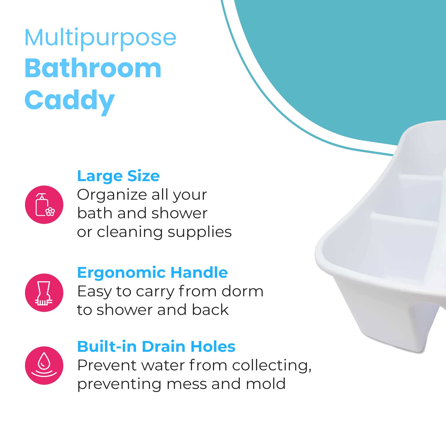 LavoHome White Bath Caddy Organizer with Divided Compartments & Handles - Large Cleaning Tote for Storing Bathroom Accessories, Cleaning Supplies | Perfect for Shower Organization, Spa Days & Household Cleaning Tasks