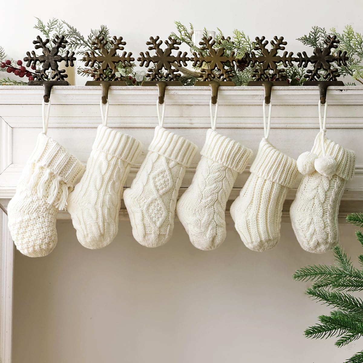 6 Pack Mini Knitted Christmas Stockings - 9 Inch Beige Cable Knit Fireplace Stockings for Holiday Decor | Rustic Boho Style Handmade Xmas Stocking Decorations | Perfect for Family Christmas, Fireplace Mantel & Cozy Home Décor (Cream White)