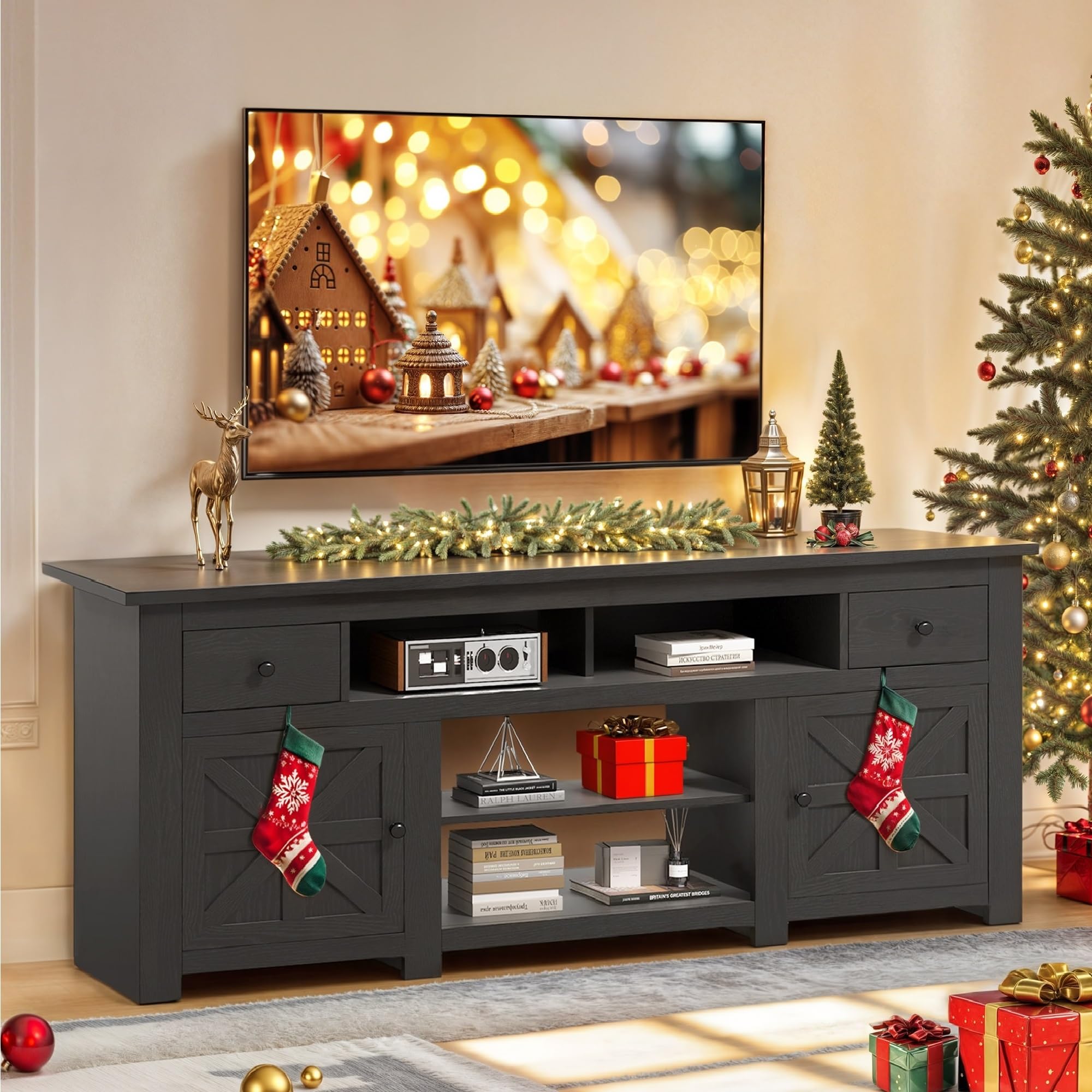 **75 Inch Farmhouse TV Stand with Storage Cabinets & Drawers - Rustic Entertainment Center, Media Console for Living Room - Perfect for Home Theater & Cozy Family Gatherings (Black)**