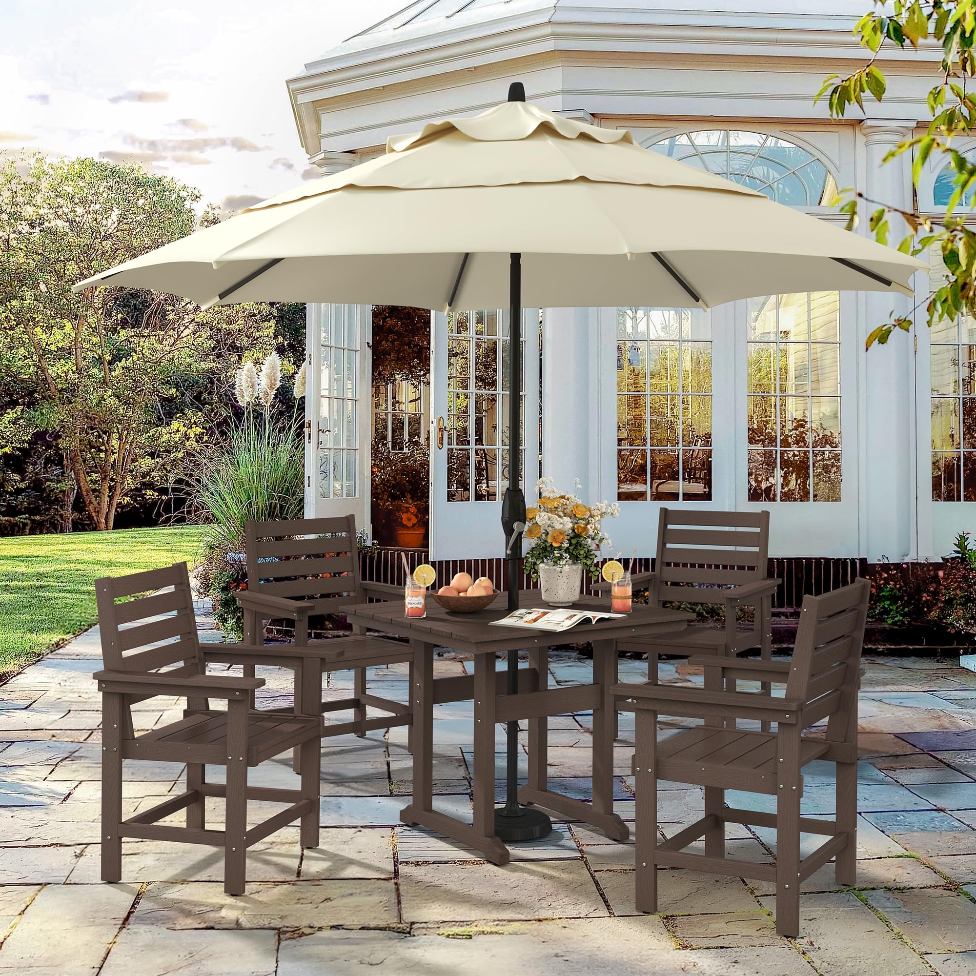 5-Piece Outdoor Dining Set - HDPE Weather-Resistant Patio Table & Chairs with Umbrella Hole - Square Balcony Furniture Set (Dark Brown) - Perfect for Backyard, Garden & Poolside Entertaining