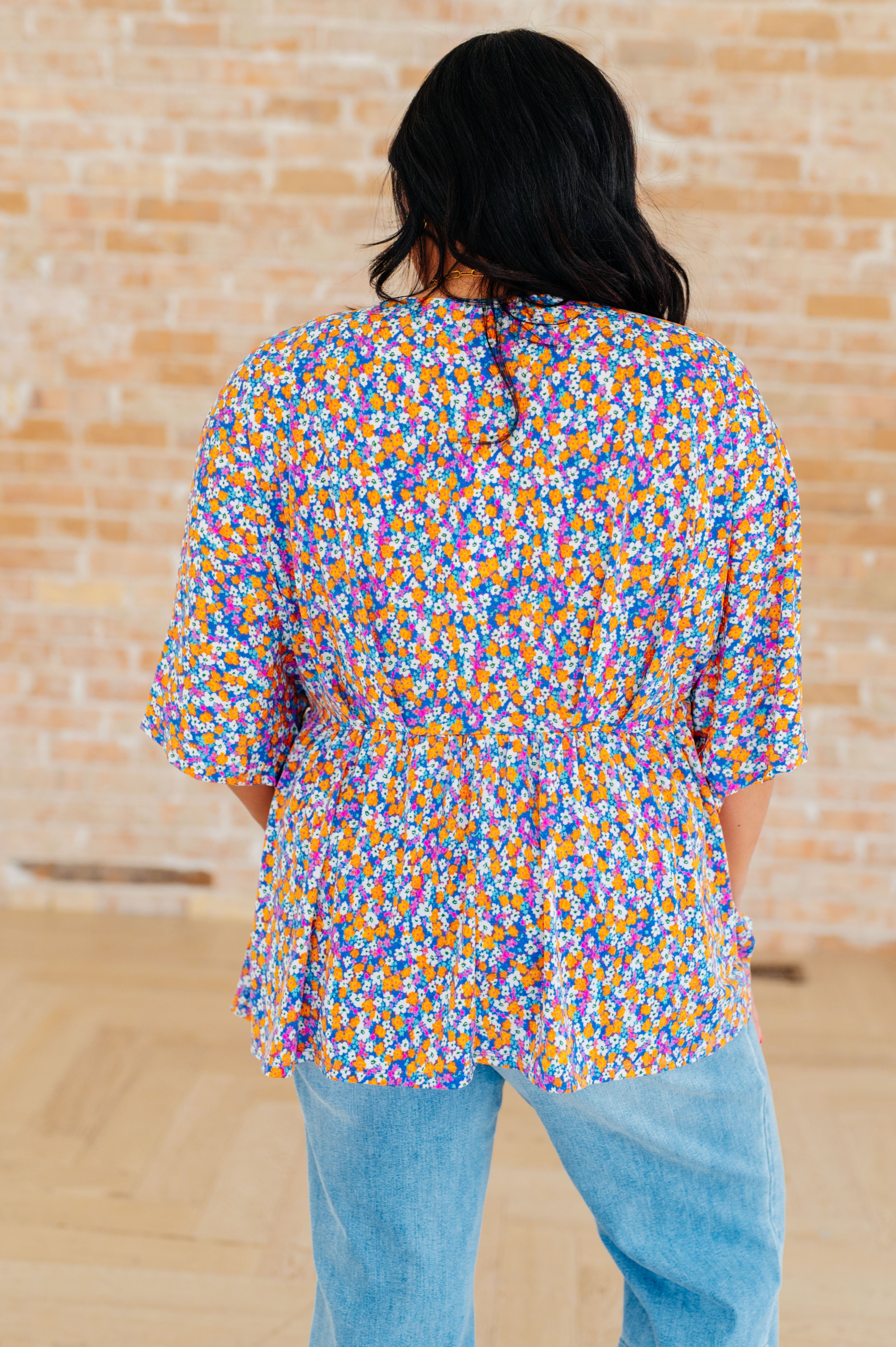 Dreamer Peplum Top - Purple Retro Ditsy Floral Print Women's Blouse for Casual Wear & Date Night Outfits