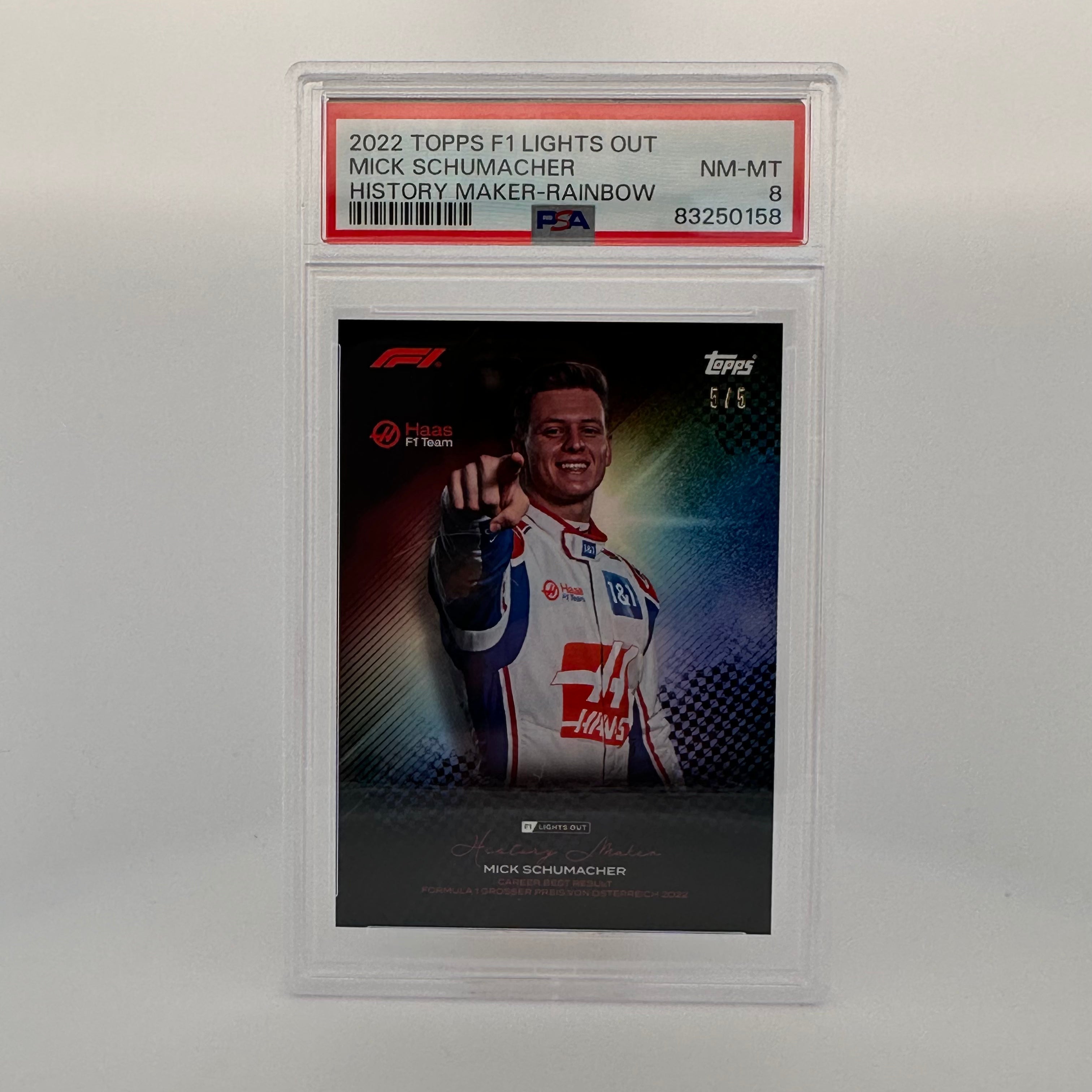 PSA 8 Graded Mick Schumacher 5/5 Rainbow History Maker Trading Card - Perfect for Collectors & F1 Racing Fans Display