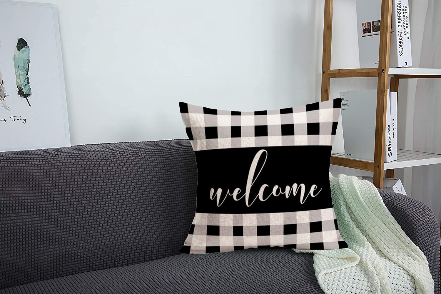 Smilyard 16x16 Inch Fall Buffalo Plaid Welcome Pillow Covers - Cotton Linen Farmhouse Cushion Case with Black and White Grid Design - Perfect for Sofa, Couch, Bedroom & Seasonal Home Decor