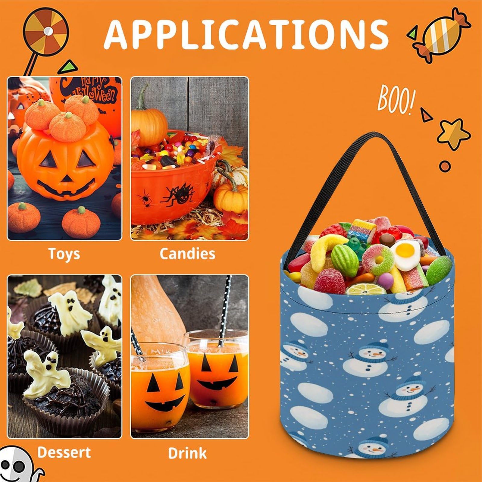 Joyful Winter Scene Halloween Candy Basket - Trick or Treat Bag, Kids Party Favor Gift Bag for Candy, Halloween Decorations & Holiday Celebrations