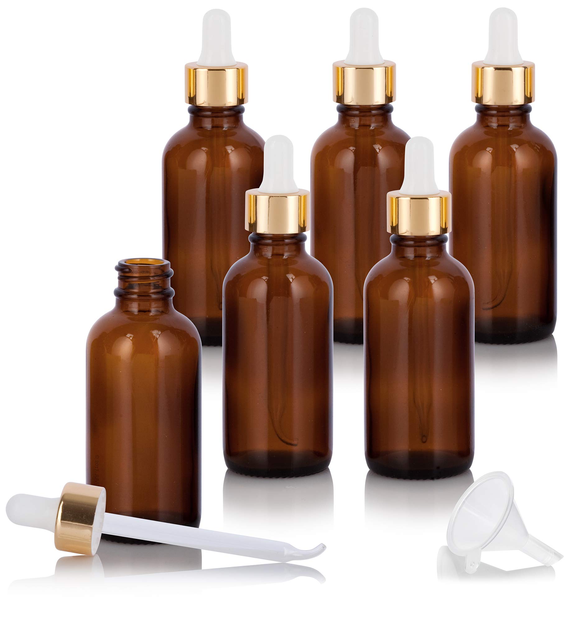 Premium 2 oz Amber Glass Boston Round Bottle with Gold Metal & Glass Dropper (6-Pack) + Bonus Funnel - Essential Oil Bottles, DIY Skincare, Travel-Sized Liquids, Aromatherapy Supplies