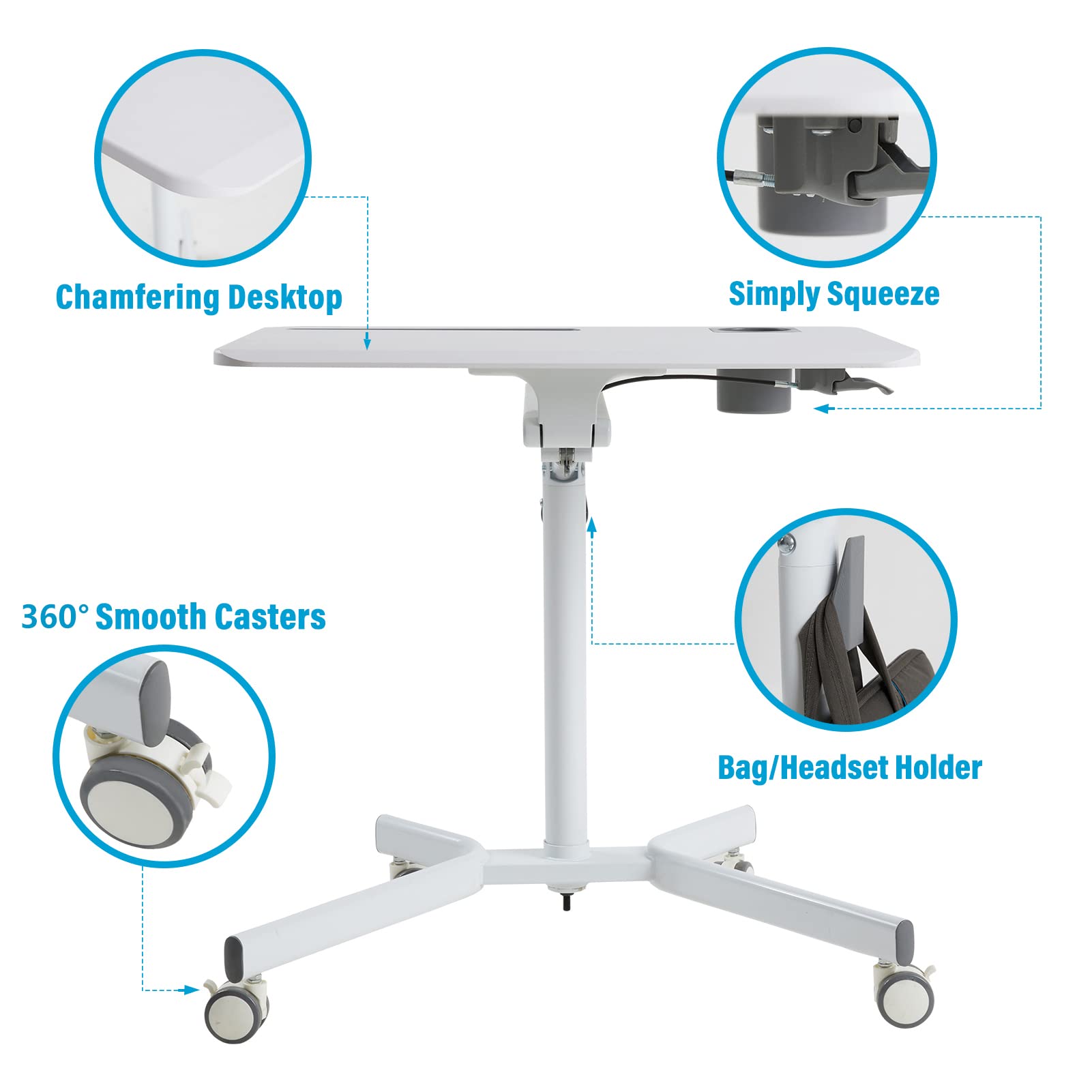 Adjustable Mobile Sit Stand Desk with Wheels - White Height Adjustable Rolling Laptop Workstation with Gas Spring Riser for Home Office, Classroom & Dorm | Portable Standing Desk for Work, Study & Video Calls