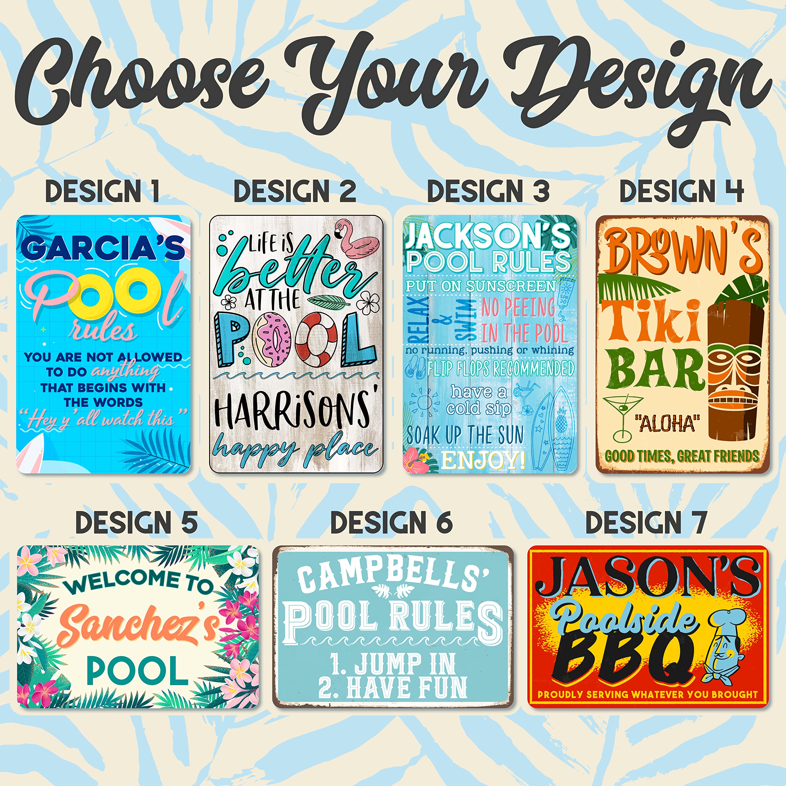 Personalized Pool Sign with Name - Custom Metal Sign for Garden, Patio, Hot Tub & Pool Deck | 7 Unique Designs | Funny Backyard Decor & Gift for Swimming Pool Owners | Perfect for Outdoor Decor, Housewarming & Pool Party Gifts