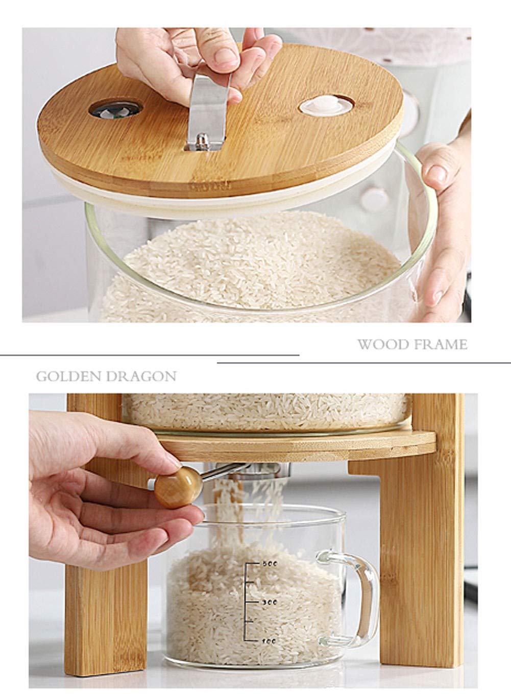 8L Glass Flour and Cereal Storage Container with Airtight Lid & Wooden Stand - Rice Dispenser for Kitchen Organization & Pantry Storage - Perfect for Baking, Cooking, and Bulk Food Storage