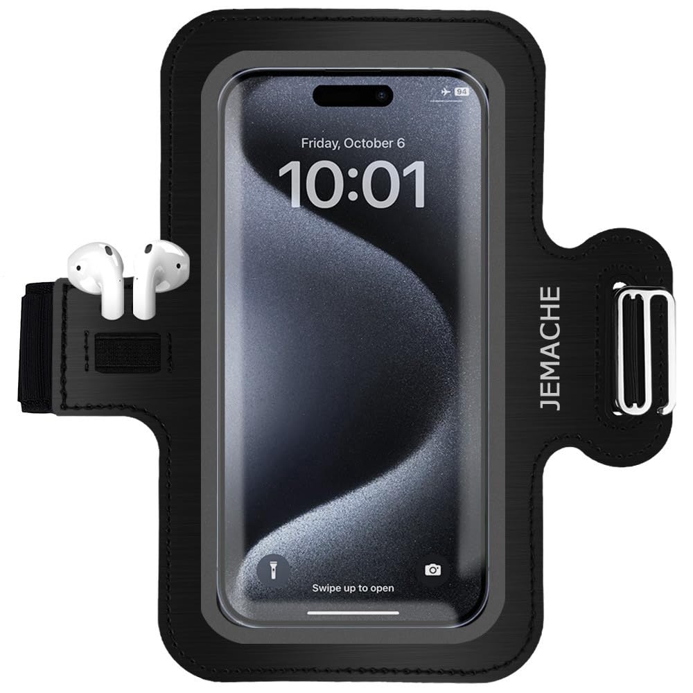 JEMACHE Premium Running Armband for iPhone 16/15/14/13/12/11 Pro Max & Samsung Galaxy S25/S24/S23/S22 Ultra/Plus - Sweatproof Phone Holder with Earphone Loop & Adjustable Strap (Black, Large) - Perfect for Jogging, Gym Workouts & Outdoor Activities