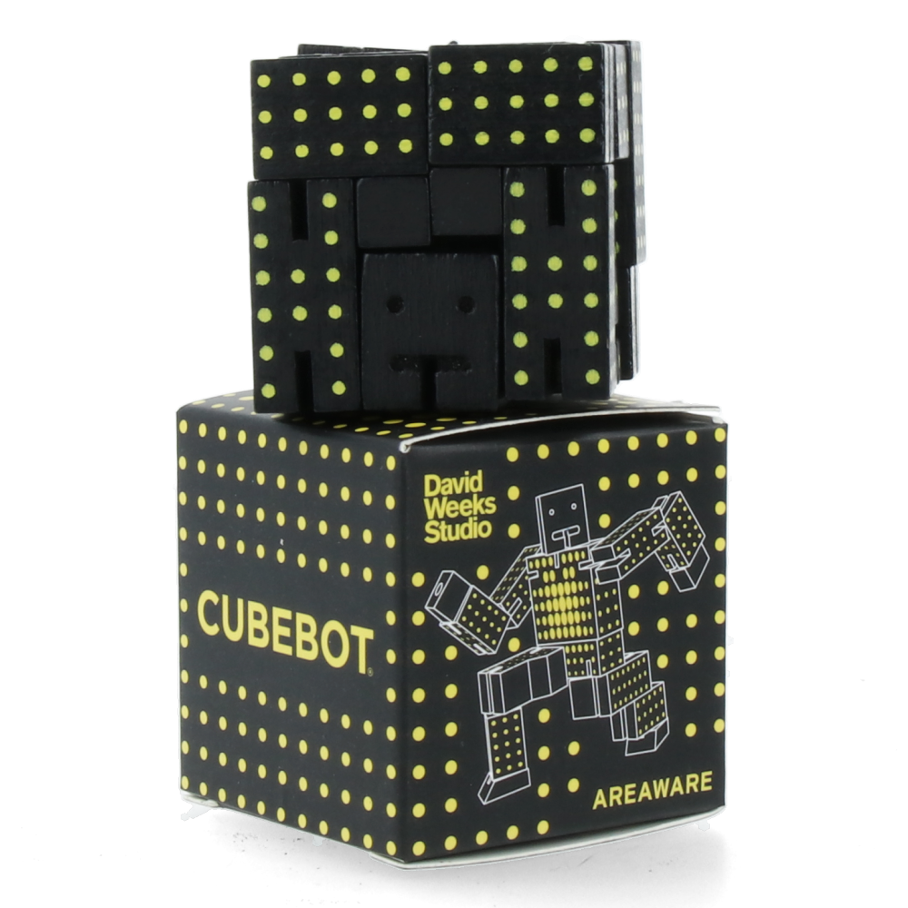 Cubebot Micro Dot Black & Yellow - Mini Wooden Puzzle Robot Toy for Kids & Adults - Perfect for Office Desk Decor, Stress Relief & Creative Play