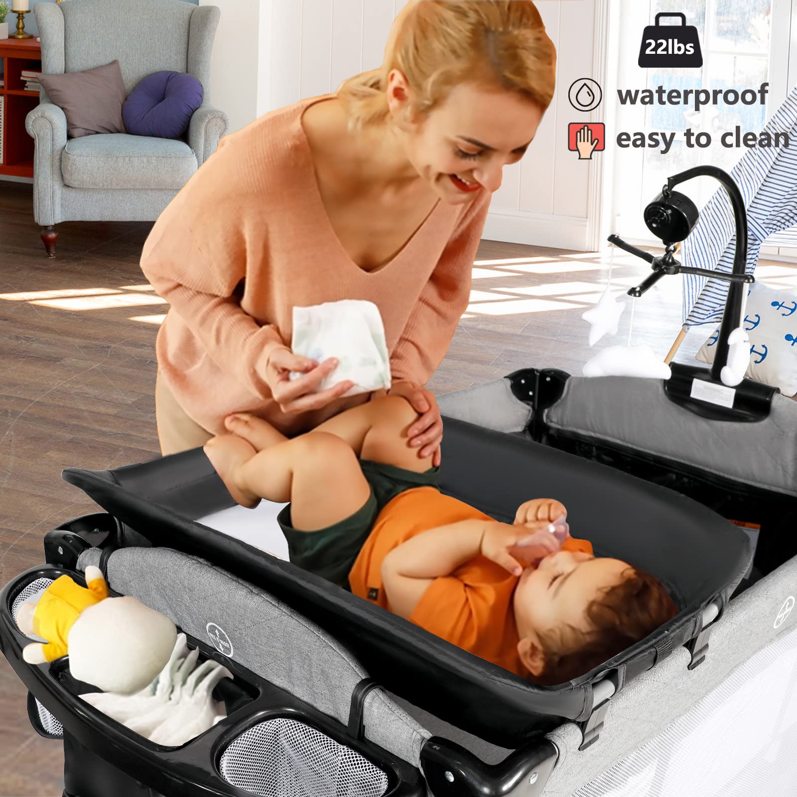 Kinder King 4-in-1 Portable Nursery Center | Foldable Baby Bassinet & Playard with Changing Table & Storage Basket | Perfect for Newborns to Toddlers | Ideal for Bedside Sleeping, Playtime & Diaper Changes