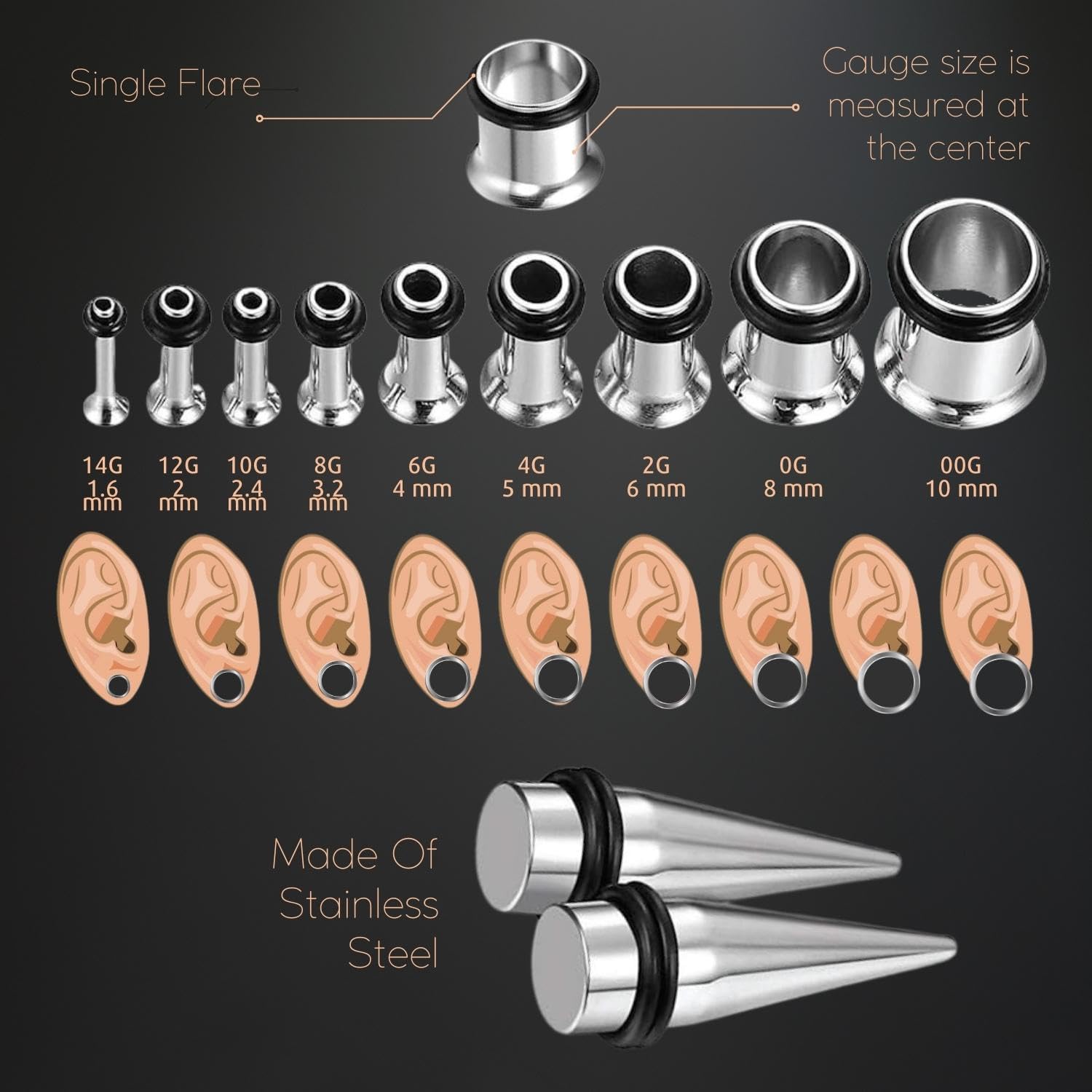 BodyJ4You 38PC Ear Stretching Kit for Beginners - 14G to 00G Gauges with Steel Tapers, Single Flare Plugs & Tunnels - Includes Jojoba Oil Balm & Wax - Perfect for Men & Women Ear Piercing Jewelry - Ideal for Ear Stretching, Aftercare & Safe Expansion