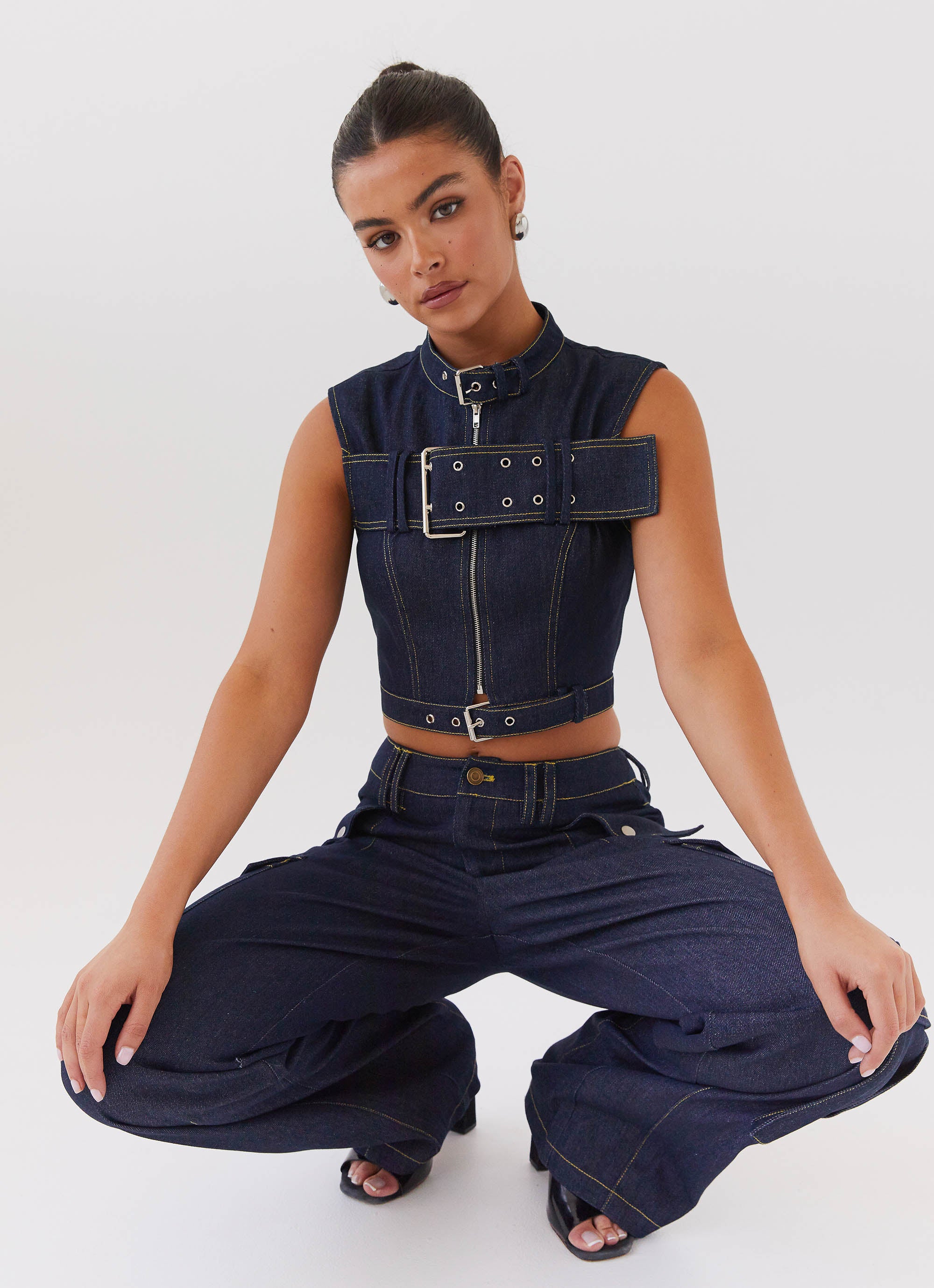 Greedy Denim Buckle Top Women's Fashion Indigo Blue Shirt - Perfect for Casual Outings, Date Nights & Street Style Looks