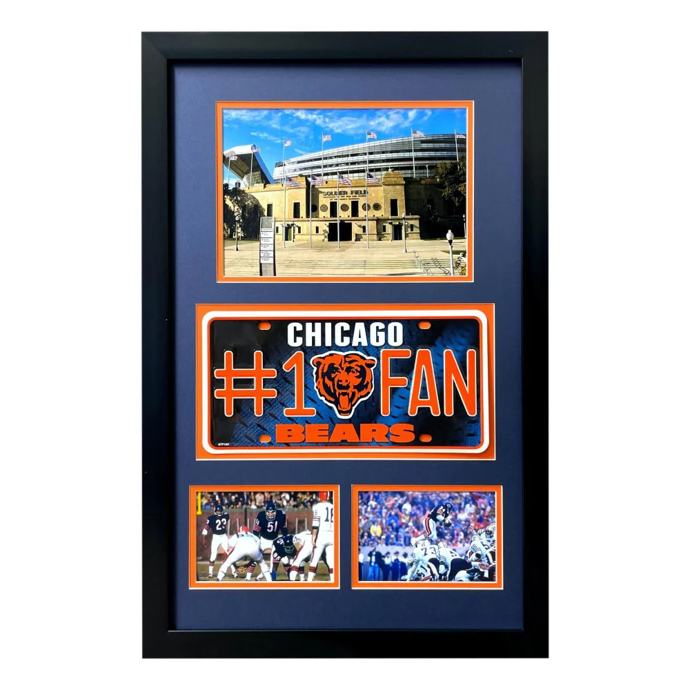 Chicago Bears Fan License Plate Framed Collage - Walter Payton & Dick Butkus Memorabilia for Man Cave, Sports Bar & Game Room Decor