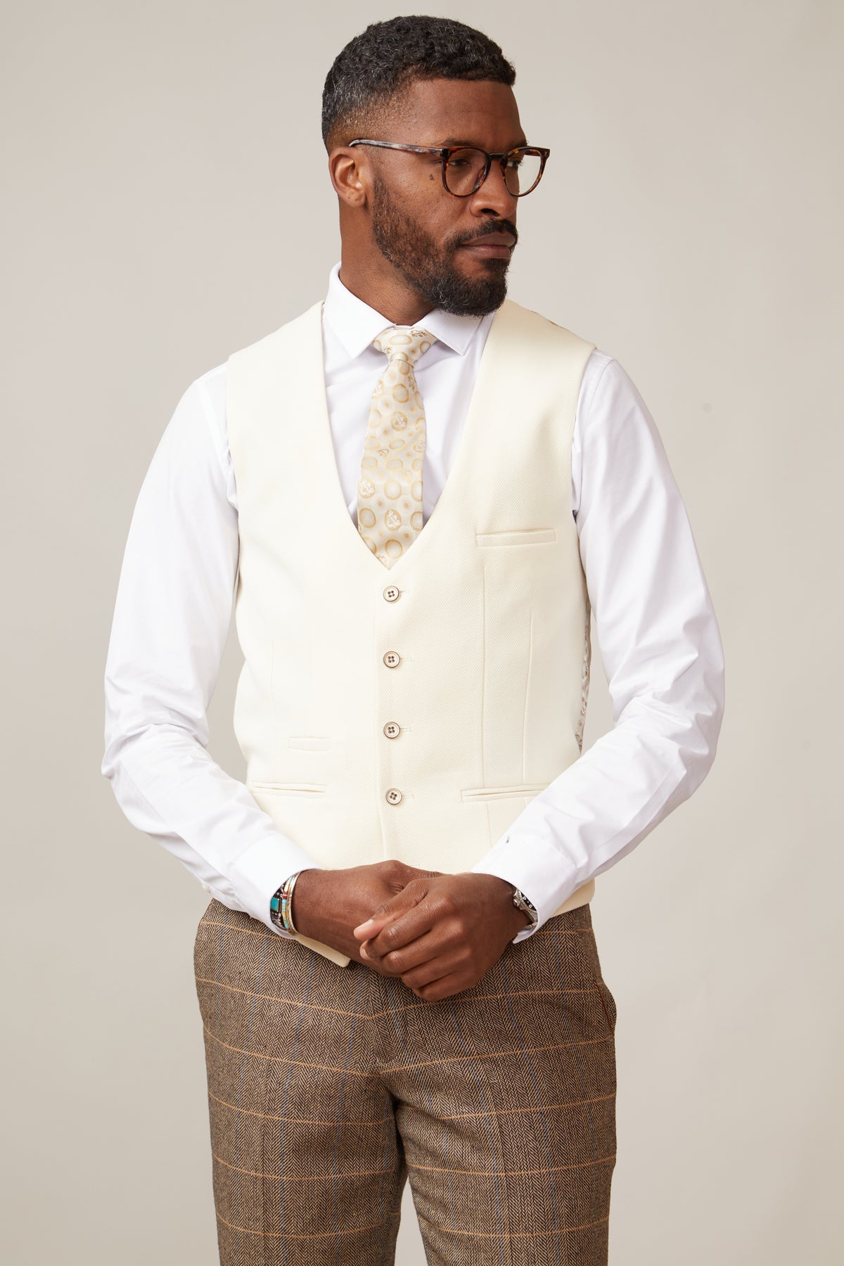 DX7 Tan Tweed Check Suit with Kelvin Cream Waistcoat - Classic 3-Piece Wedding & Business Formal Attire for Men