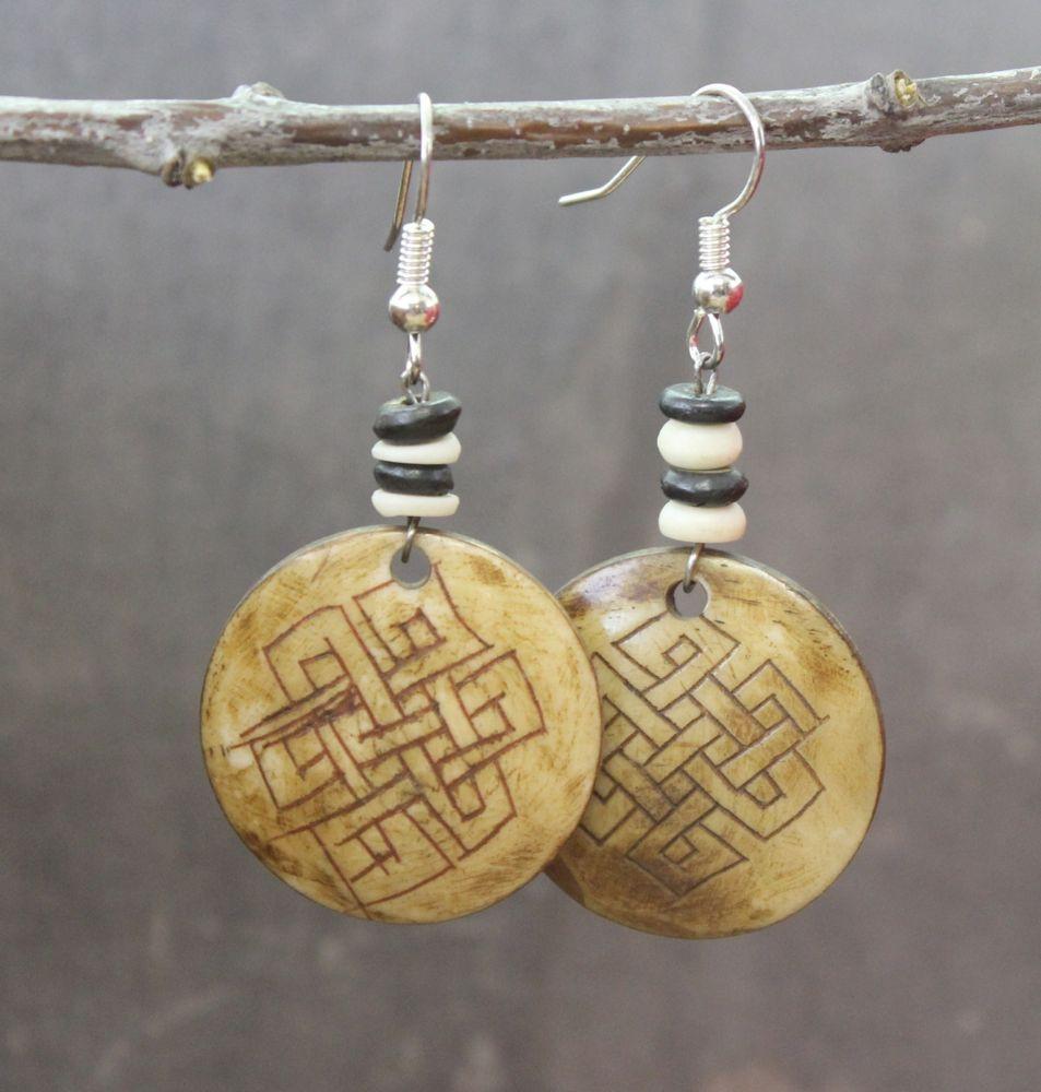 Exquisite Hand Carved Bone Eternal Knot Earrings - Tibetan Inspired Jewelry for Women - Boho Chic Dangle Earrings for Wedding, Festival & Special Occasions