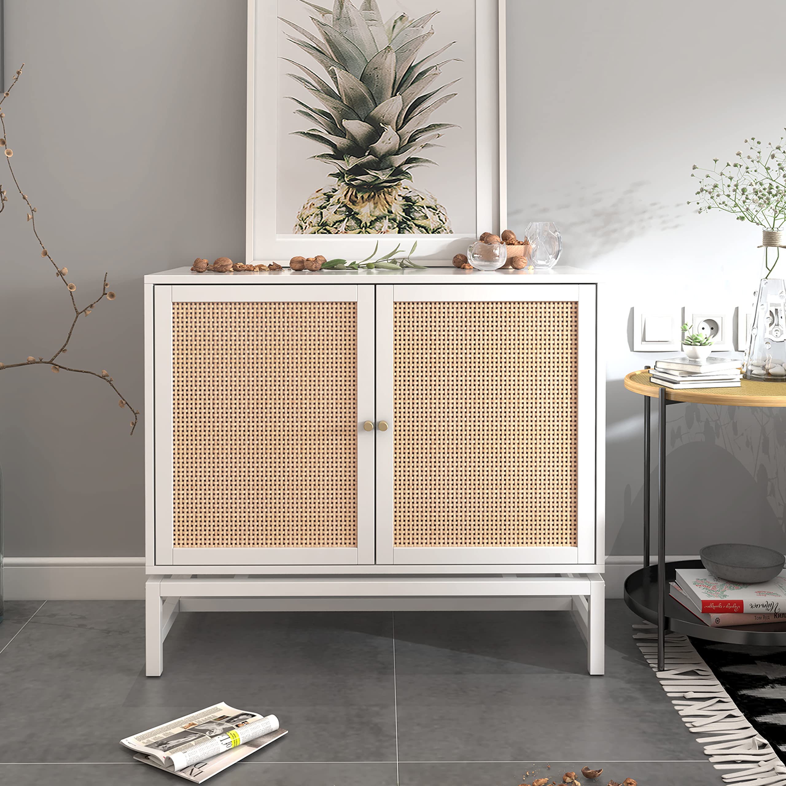 EEBUIHUI Rattan Accent Sideboard Buffet Cabinet - Kitchen Storage Cabinet with Woven Rattan Doors for Dining Room, Bar, Hallway - Brown B - Perfect for Farmhouse, Coastal & Boho Home Decor